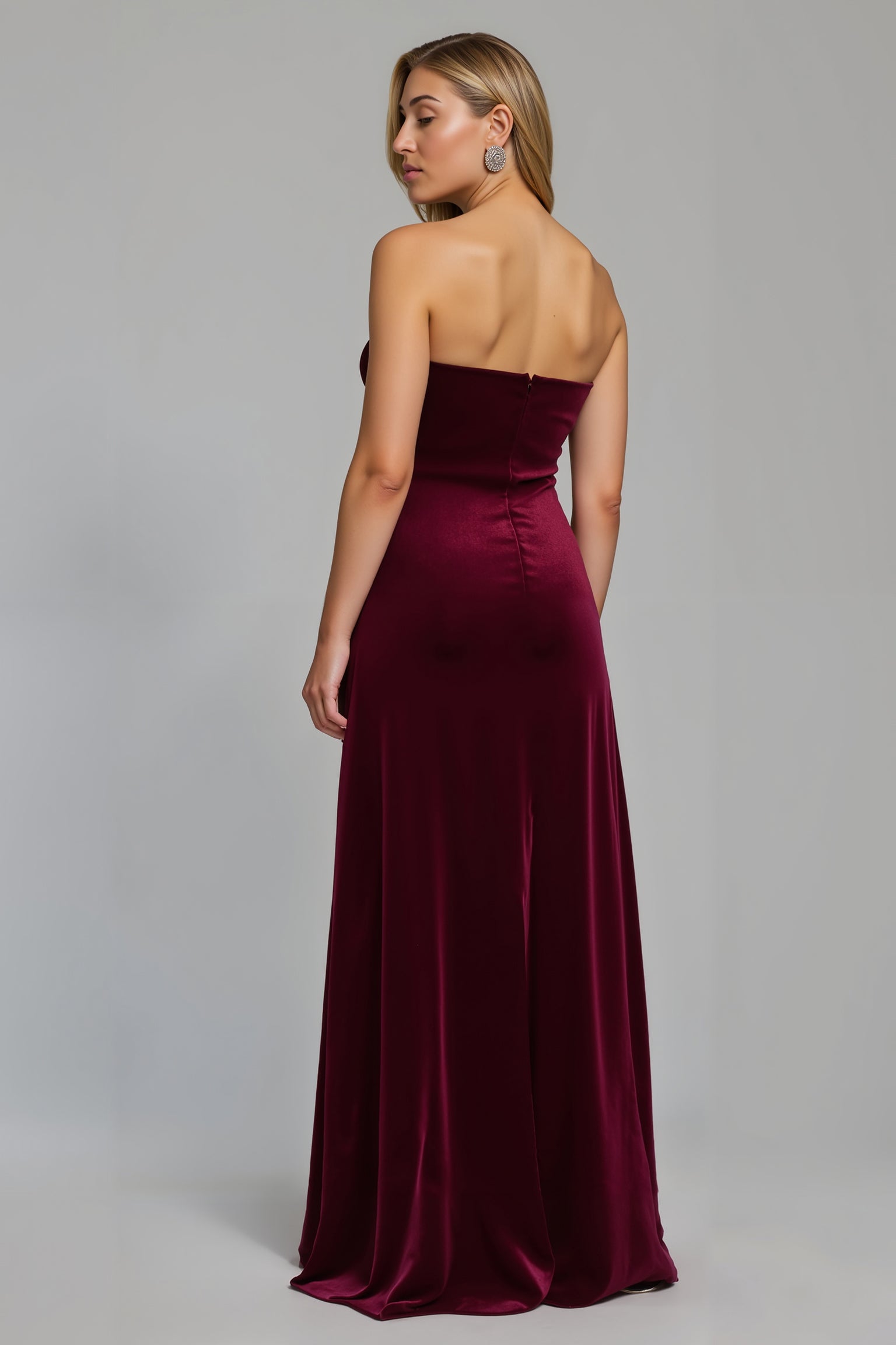 Burgundy Ruched Strapless Long Holiday Party Dress with Slit