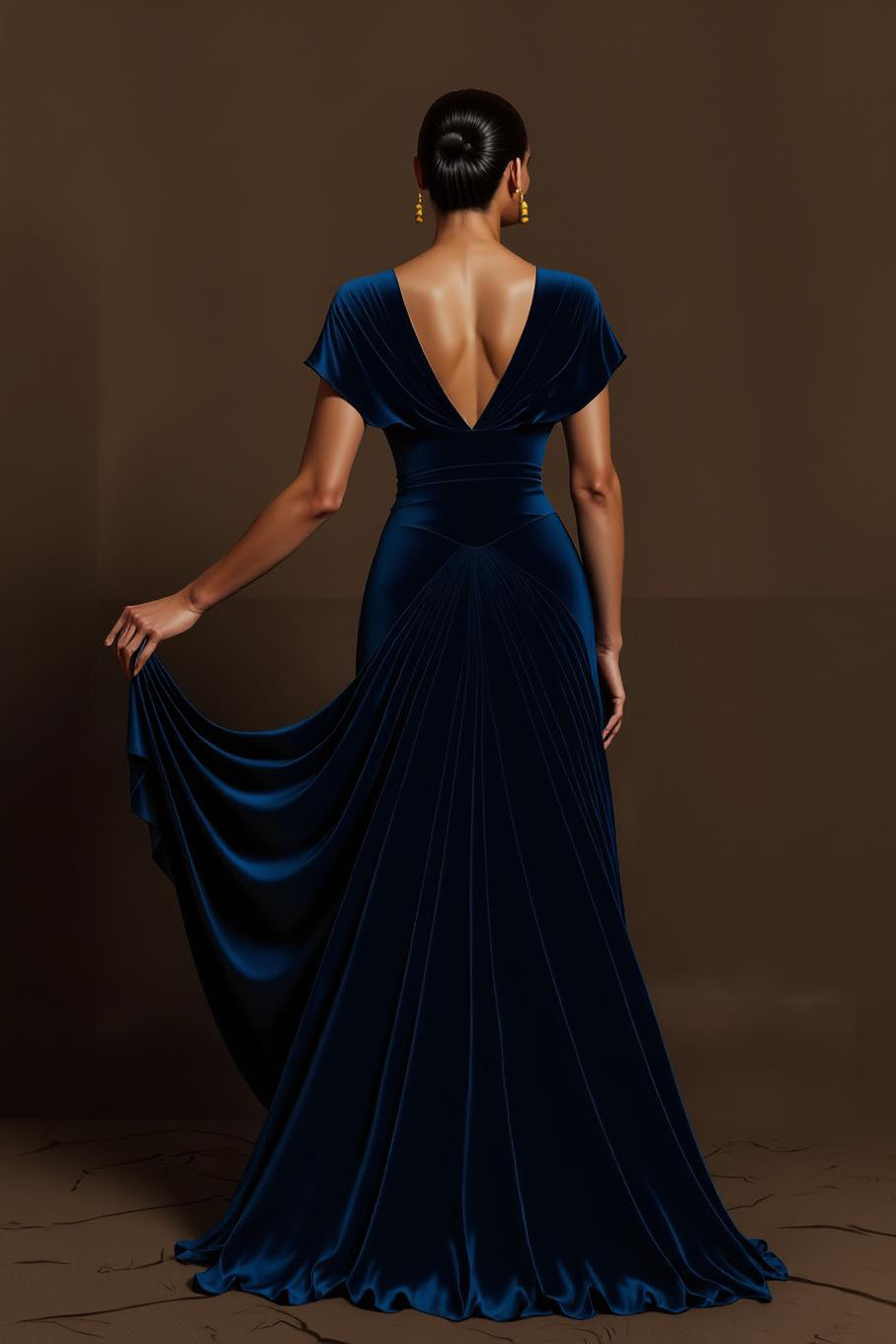 Simple Royal Blue V-Neck Long Holiday Party Dress with Sleeves