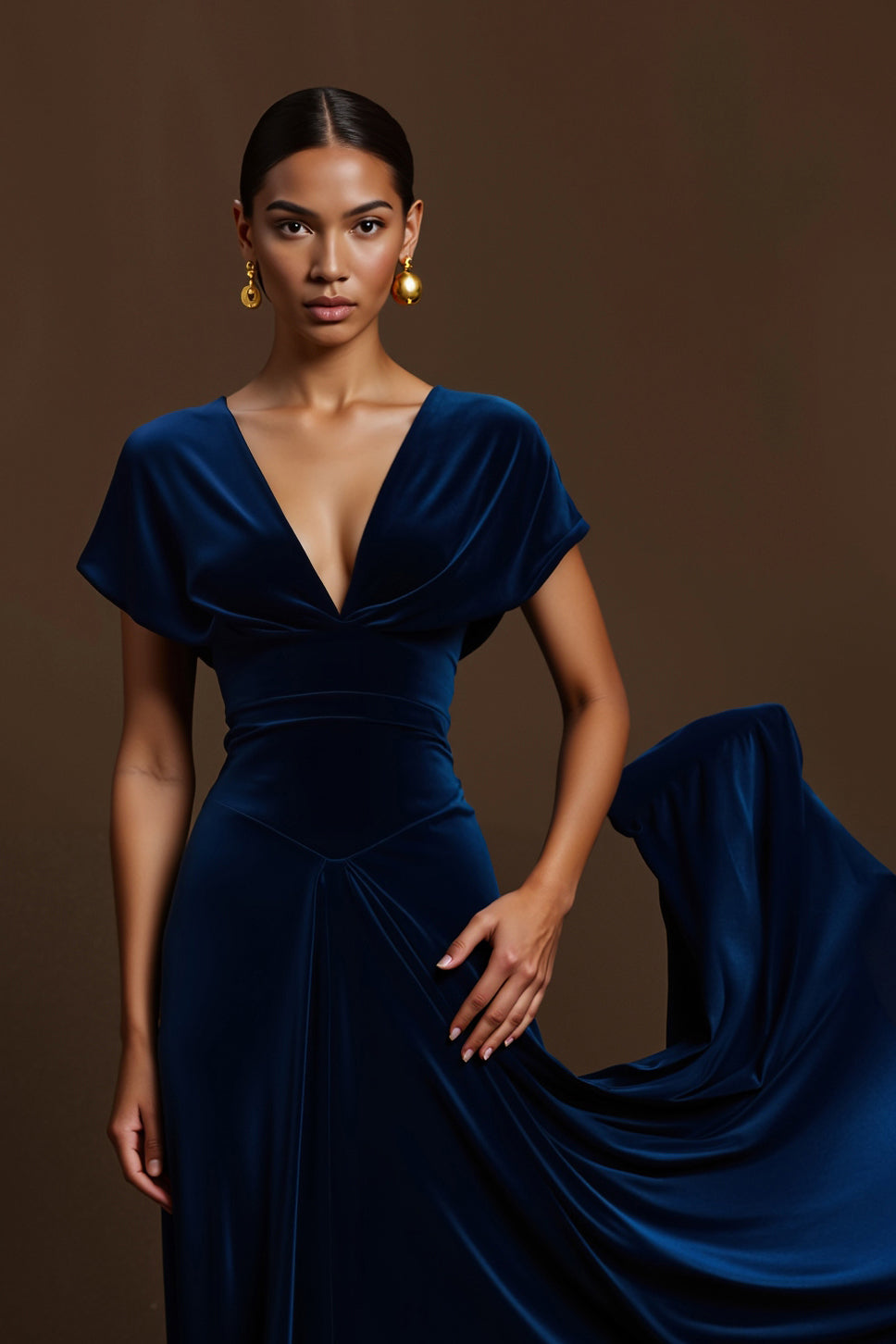 Simple Royal Blue V-Neck Long Holiday Party Dress with Sleeves