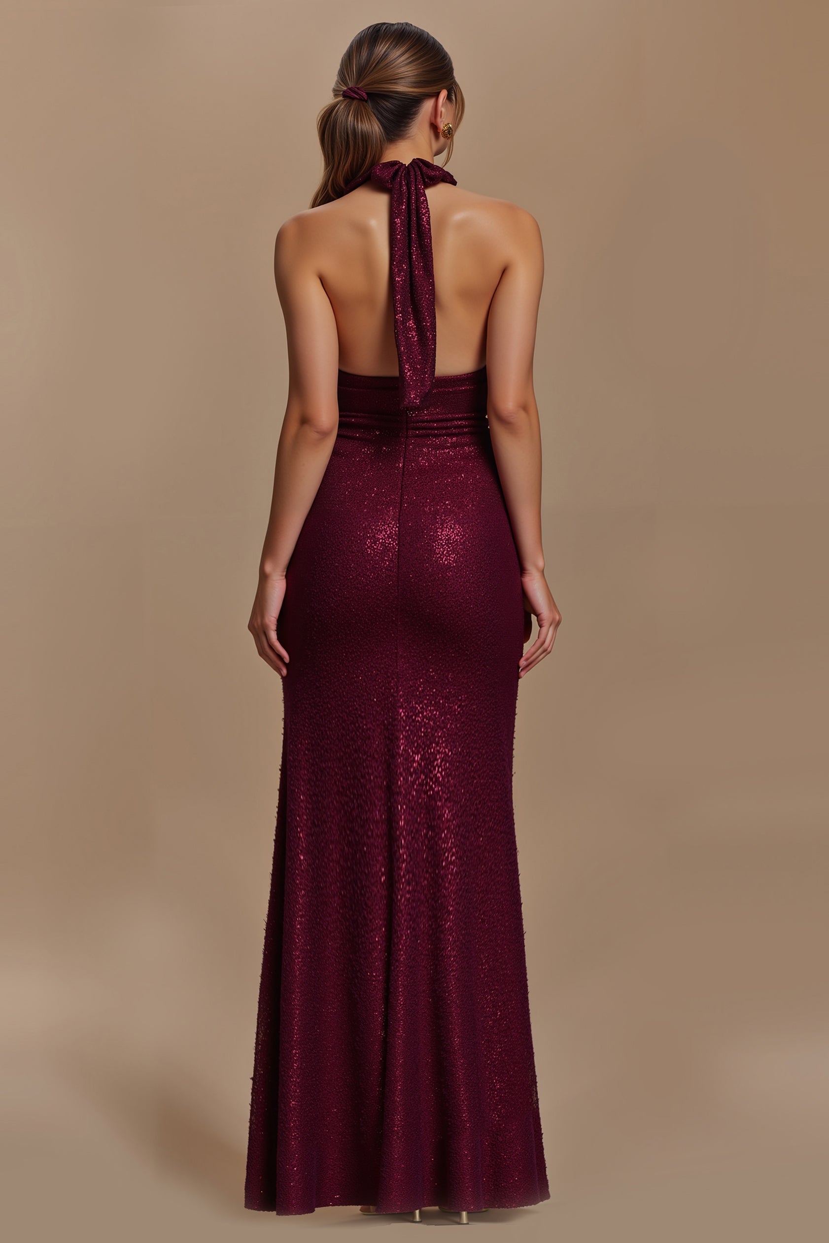 Glitter Burgundy Sheath Backless Halter Long Holiday Party Dress