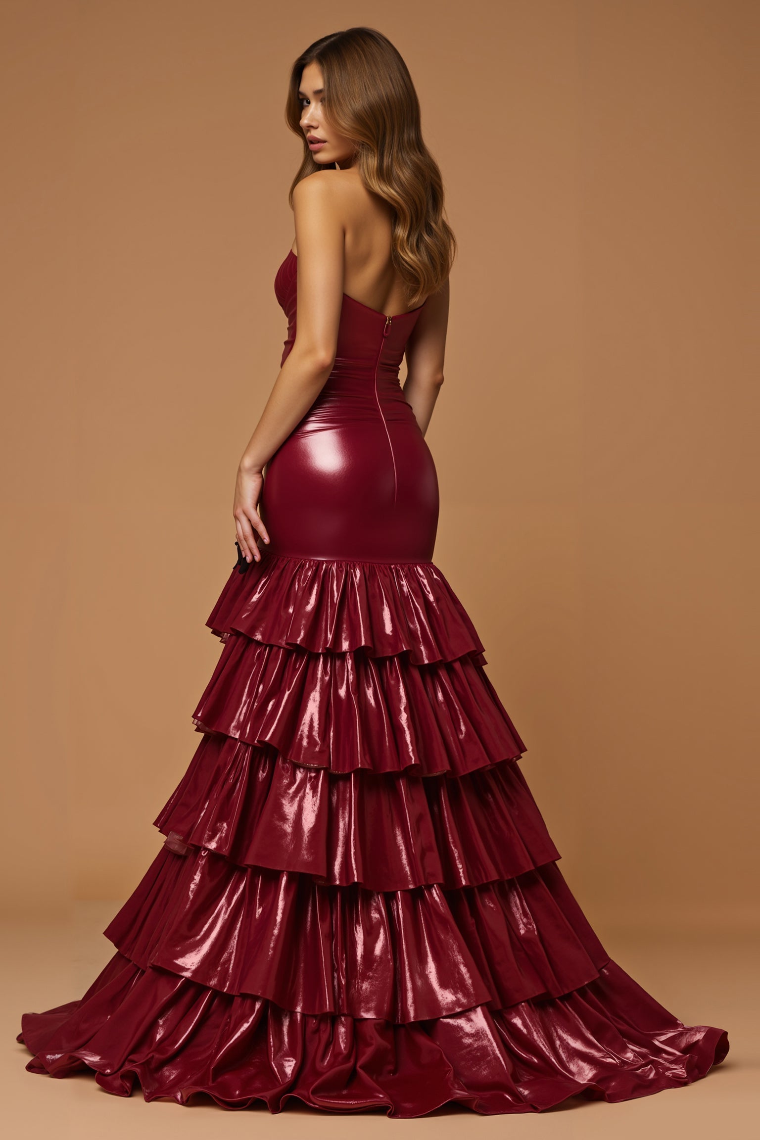 Metallic Burgundy Tiered A Line Long Prom Dress with Slit