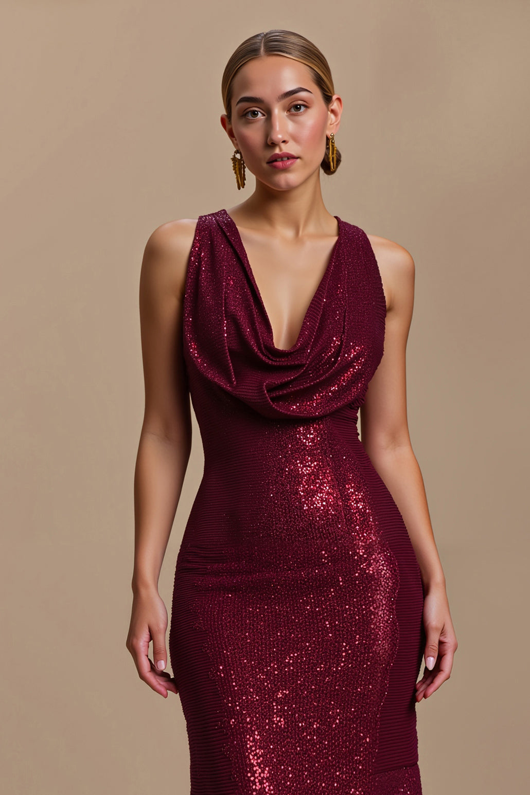 Sparkly Burgundy Cowl Neck Long Sheath Holiday Party Dress