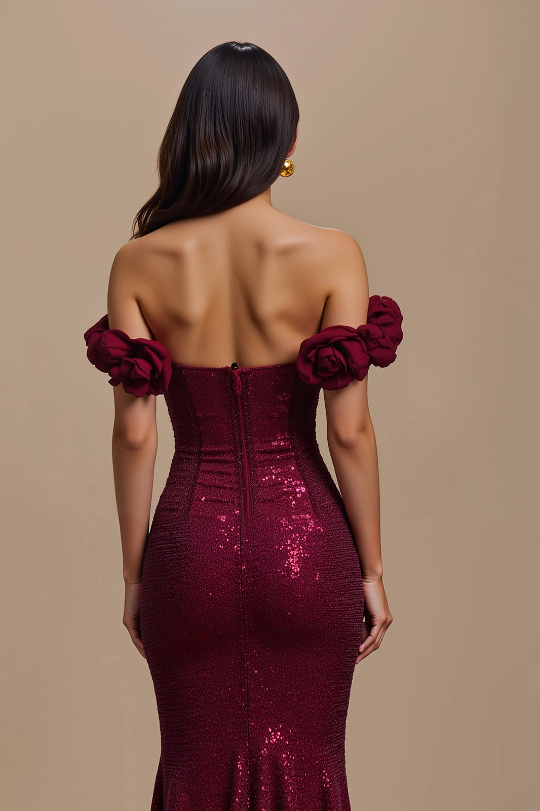 Sparkly Burgundy Off the Shoulder Long Holiday Party Dress with 3D Flowers