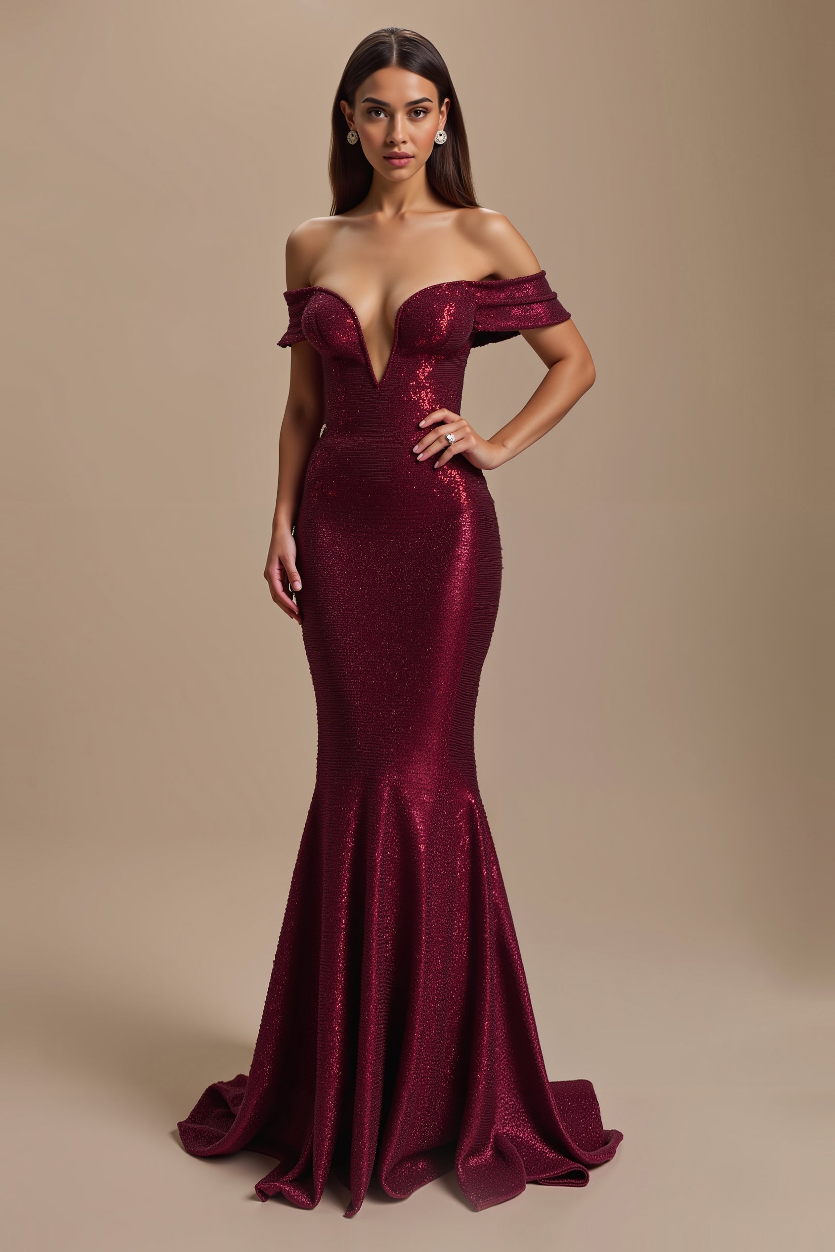 Burgundy Sparkly Mermaid Off The Shoulder Long Holiday Party Dress