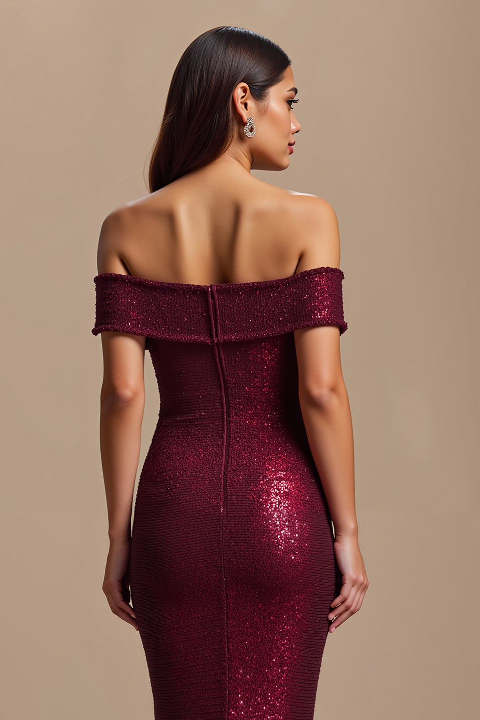 Burgundy Sparkly Mermaid Off The Shoulder Long Holiday Party Dress