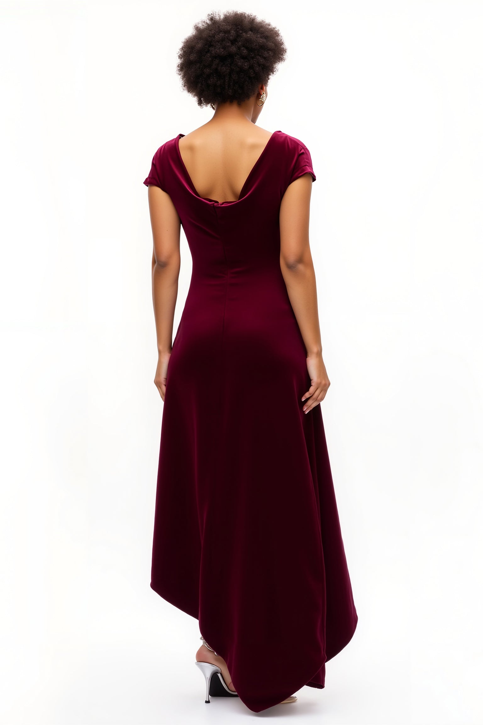 Burgundy Boat Neck Ruched Asymmetrical Holiday Party Dress with Sleeves