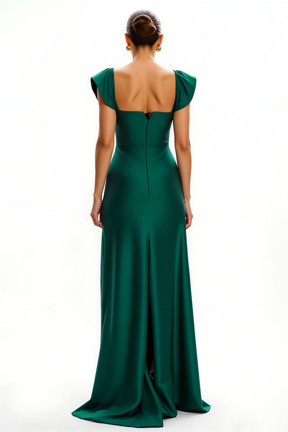 Dark Green V-Neck Cap Sleeves Long Holiday Party Dress with Slit