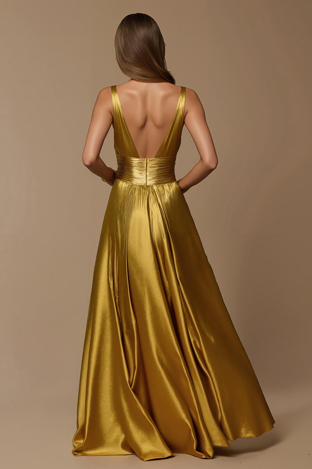 Golden Deep V-Neck A Line Long Holiday Party Dress