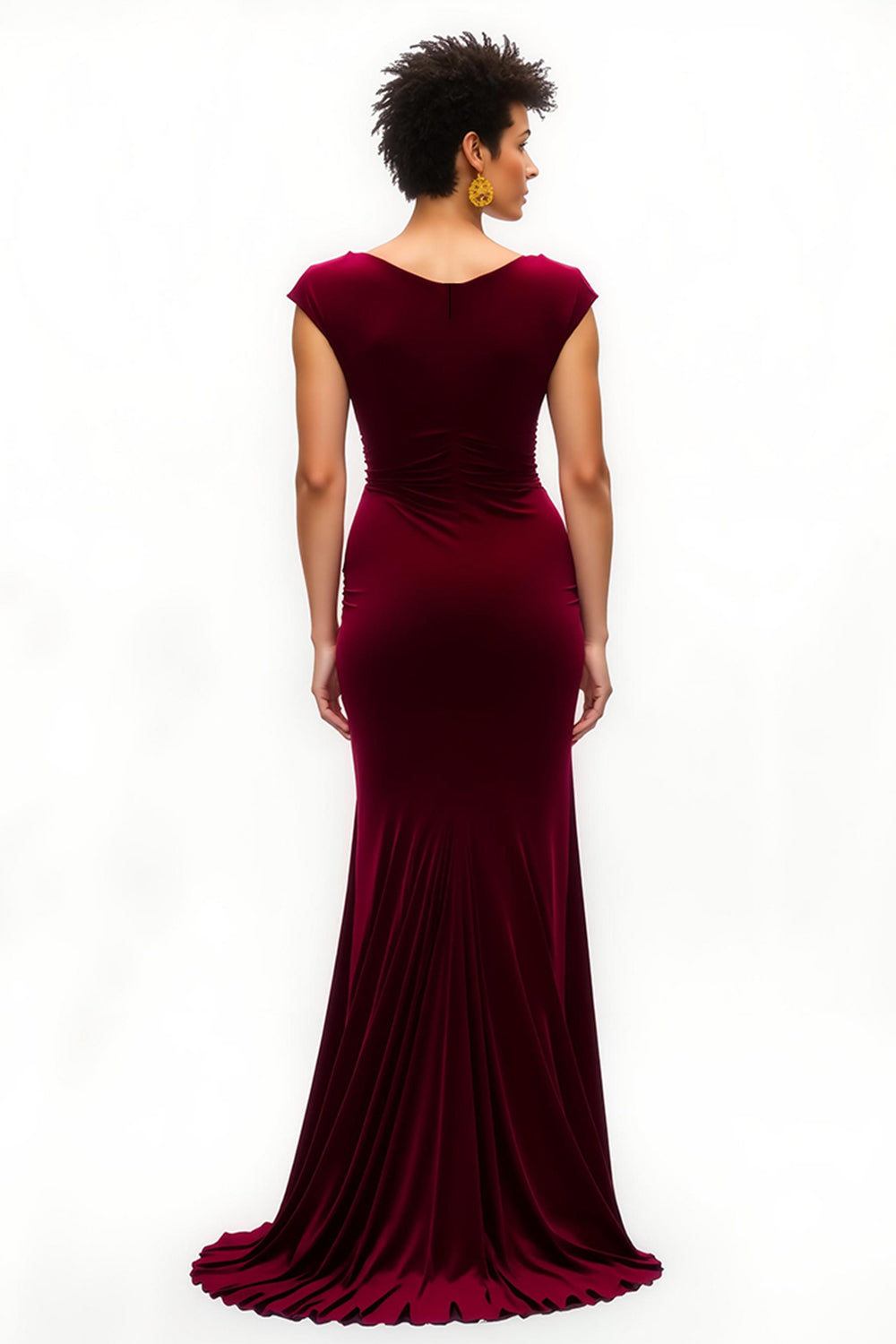 Burgundy Boat Neck Cap Sleeves Long Holiday Party Dress with Slit