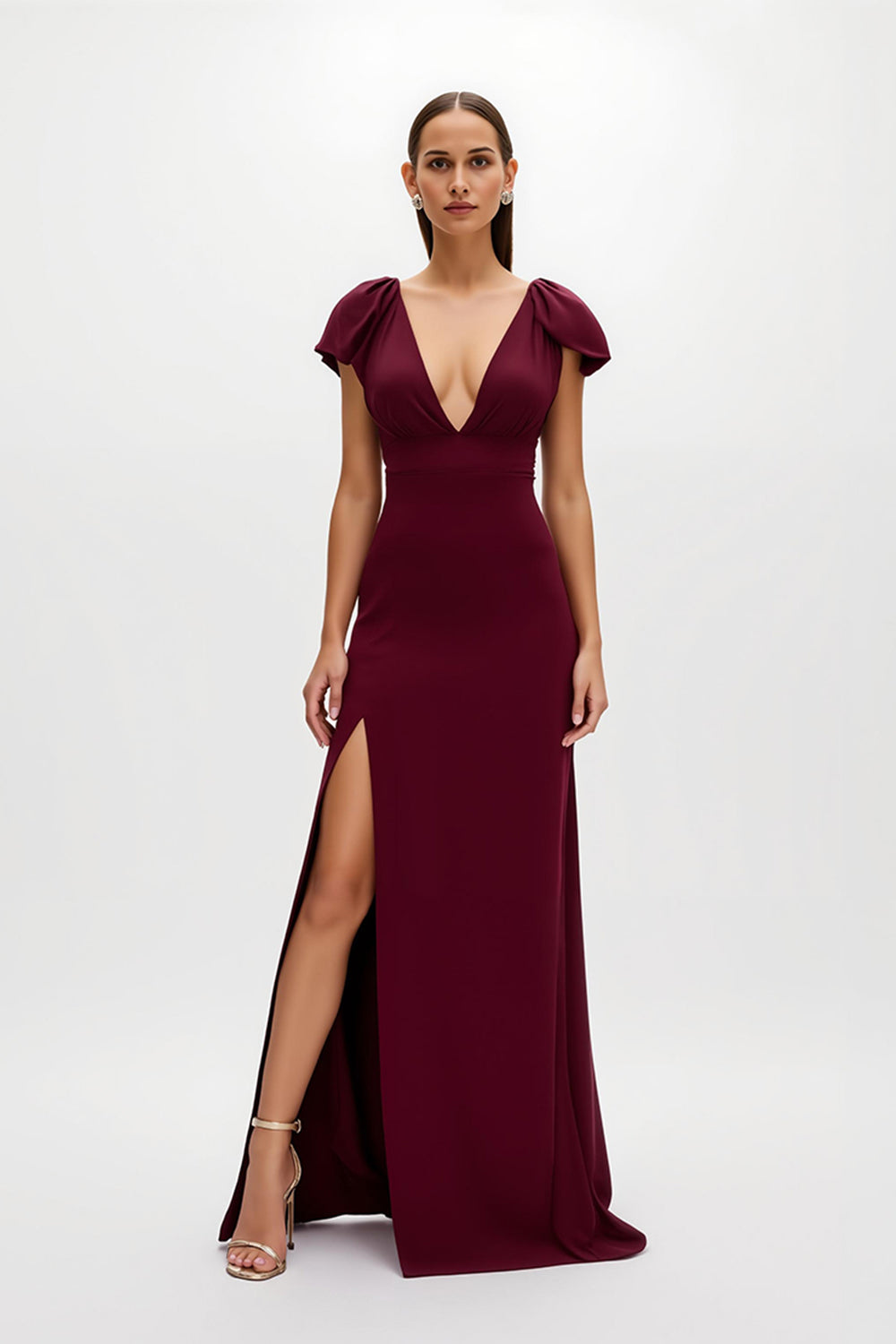Burgundy Sheath V-Neck Long Holiday Party Dress with Slit