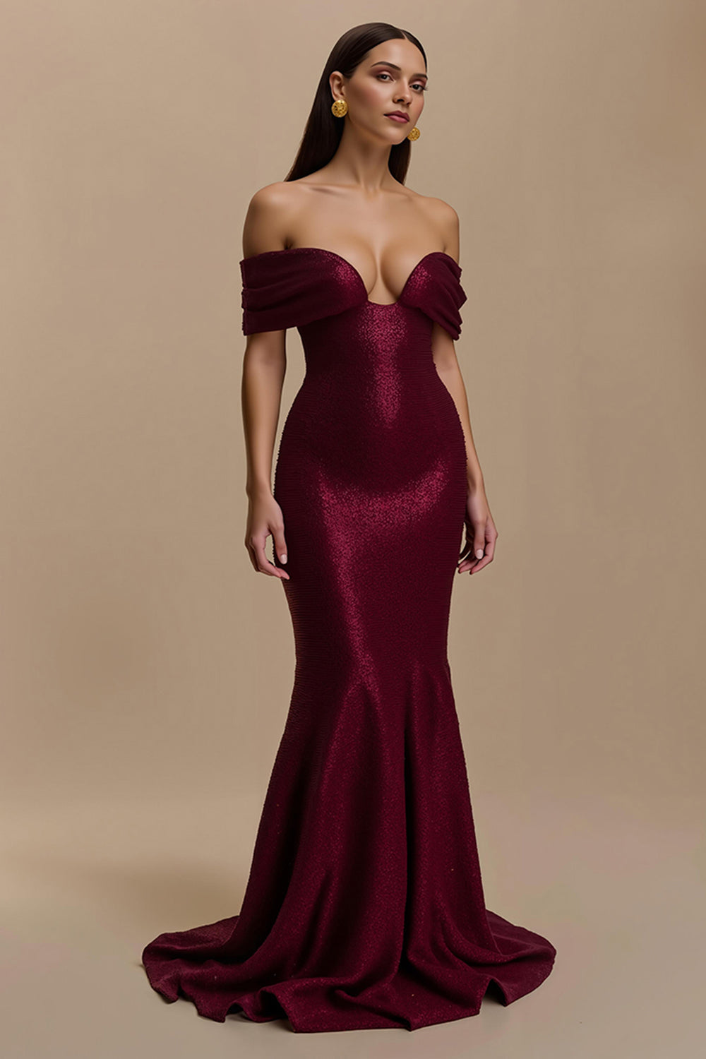 Burgundy Mermaid Off the Shoulder Long Holiday Party Dress