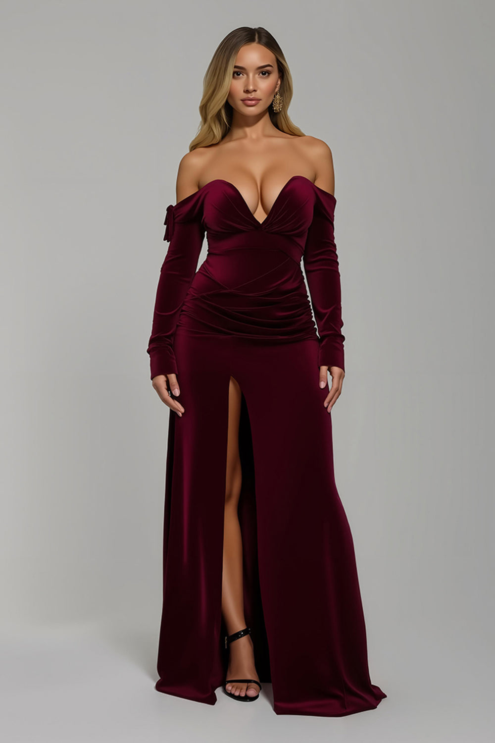 Burgundy Sheath Velvet Off the Shoulder Long Holiday Party Dress with Slit