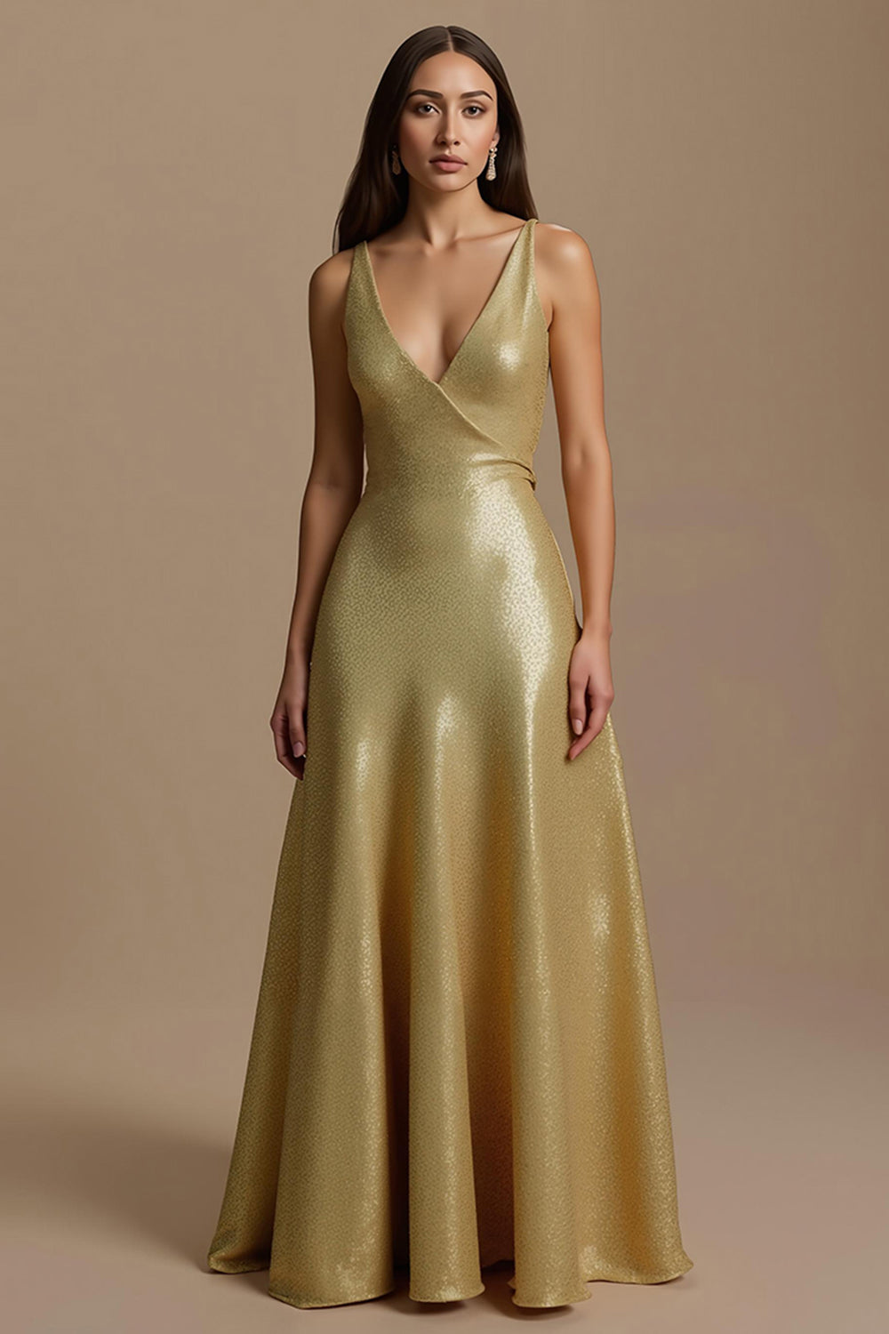 Sparkly Golden A Line Sequin V-Neck Long Holiday Party Dress