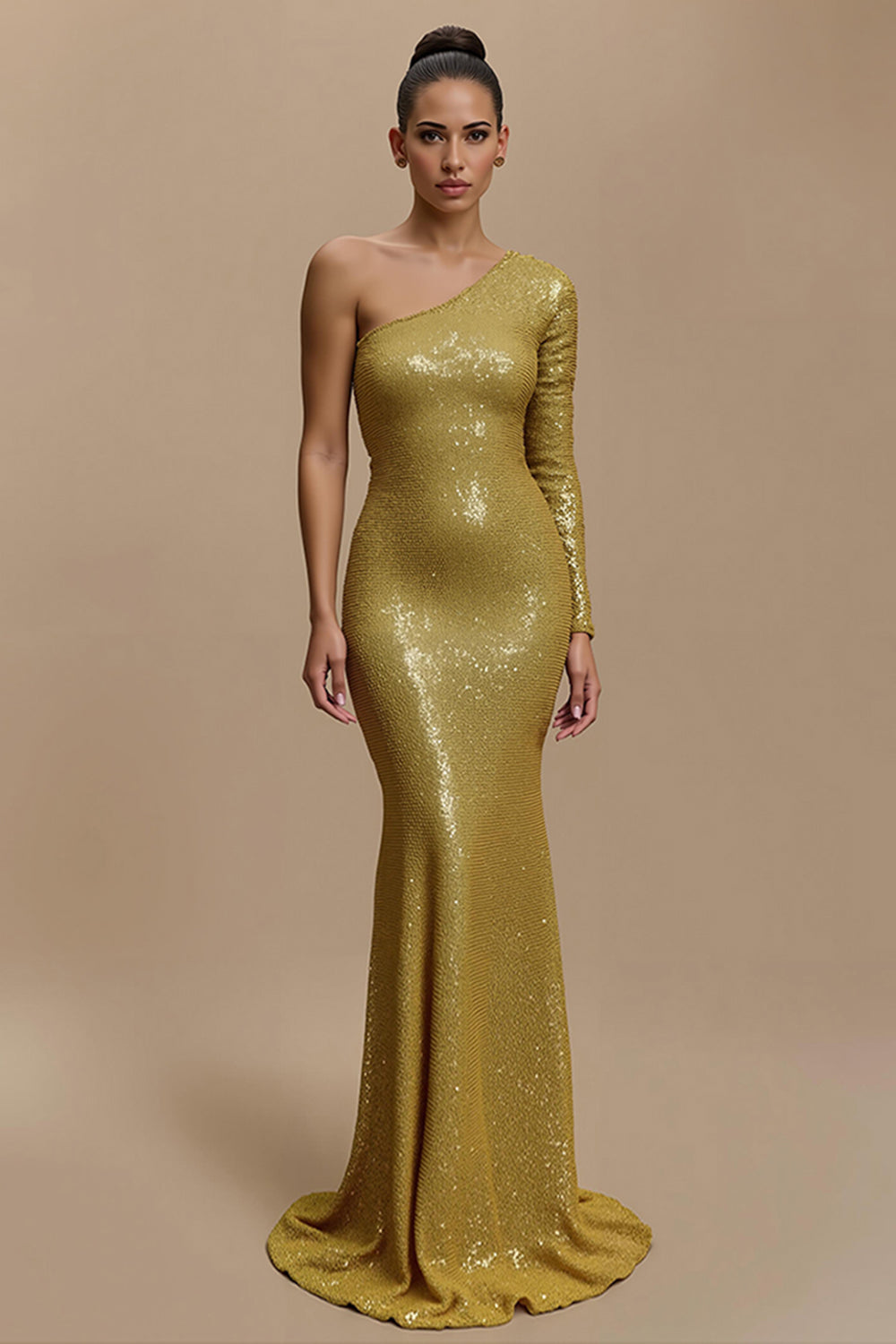 Sparkly Golden Mermaid Sequin Long Holiday Party Dress with Sleeves