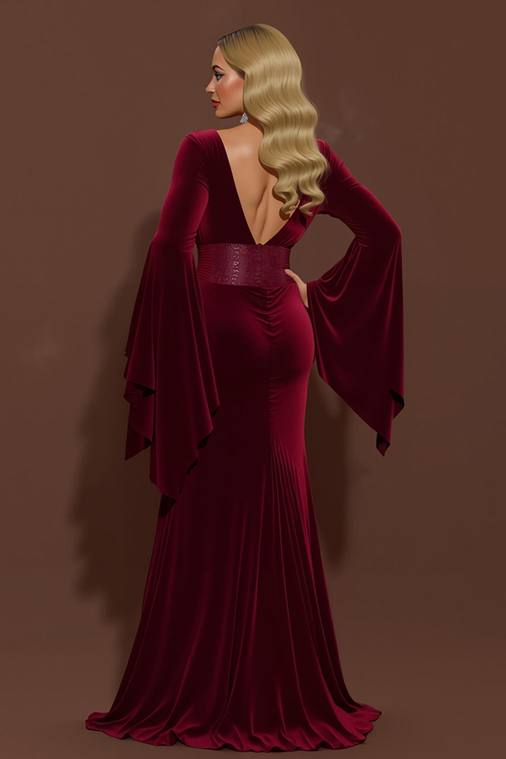 Burgundy Velvet V-Neck Mermaid Long Holiday Party Dress with Sleeves