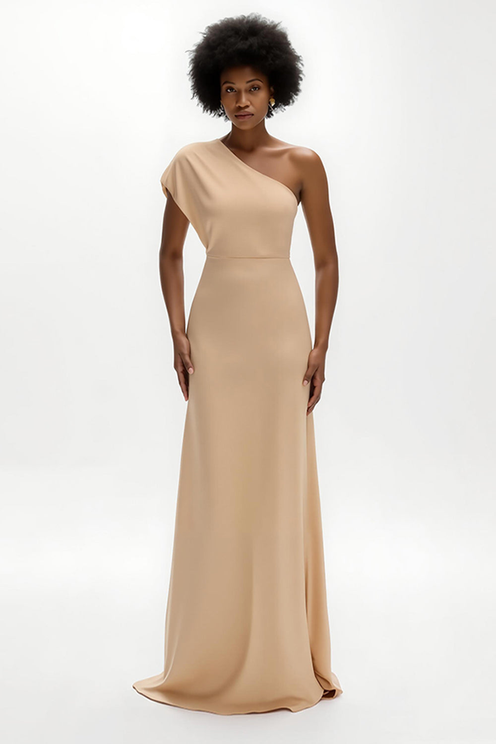 Champagne Sheath Satin One Shoulder Long Wedding Guest Dress
