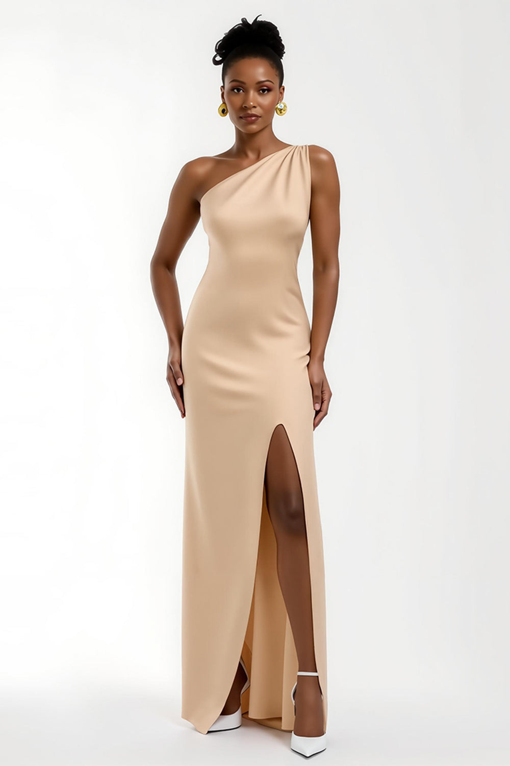 Champagne One Shoulder Satin Long Wedding Guest Dress with Slit