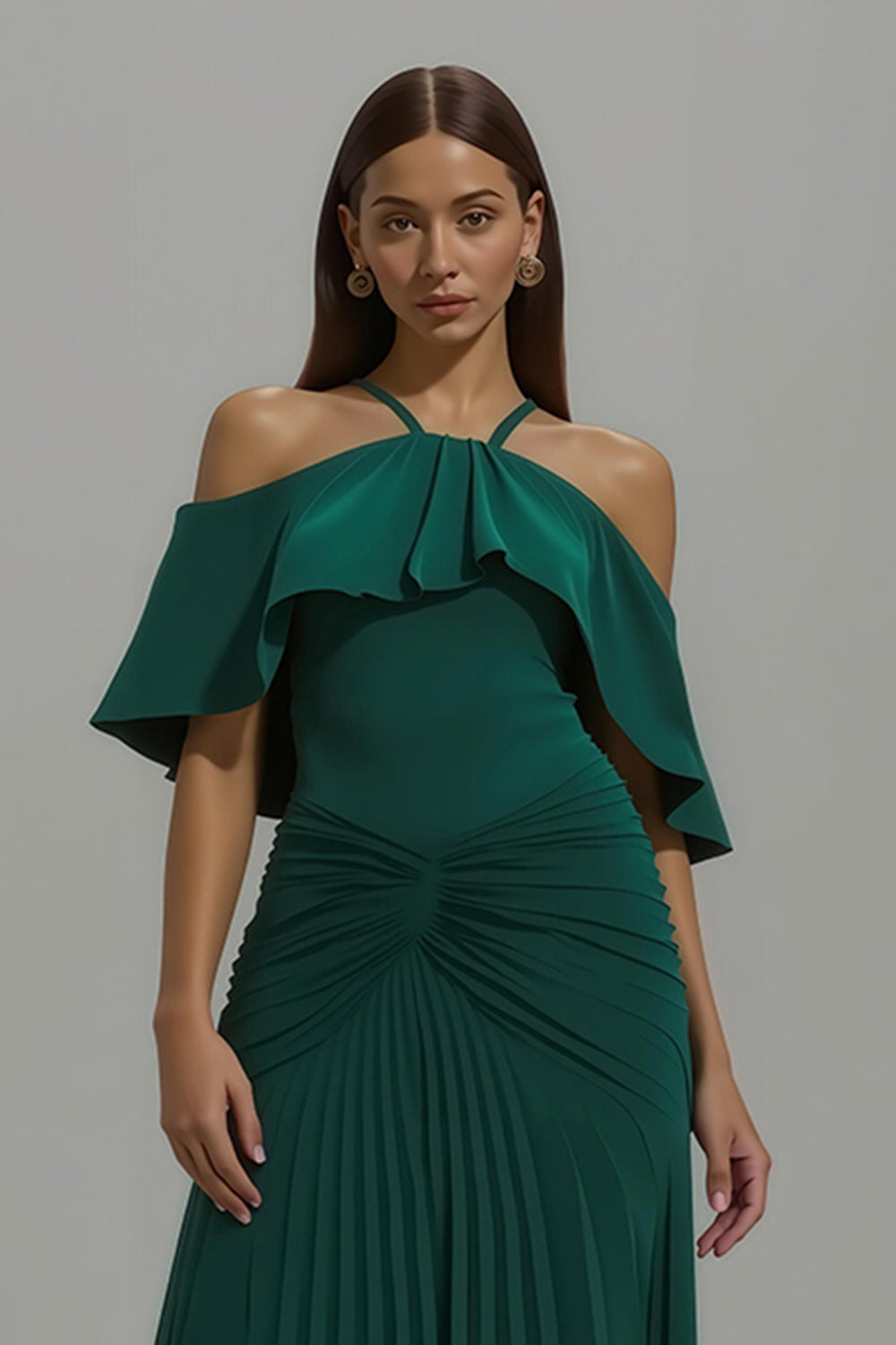 Dark Green Sheath Pleated Long Holiday Party Dress with Ruffles