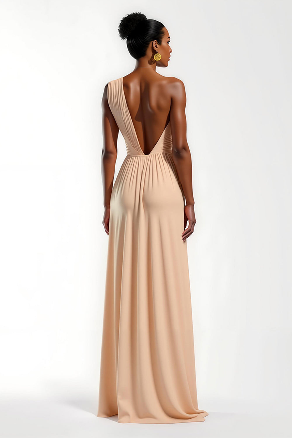 Champagne Satin Ruched Sheath Long Wedding Guest Dress