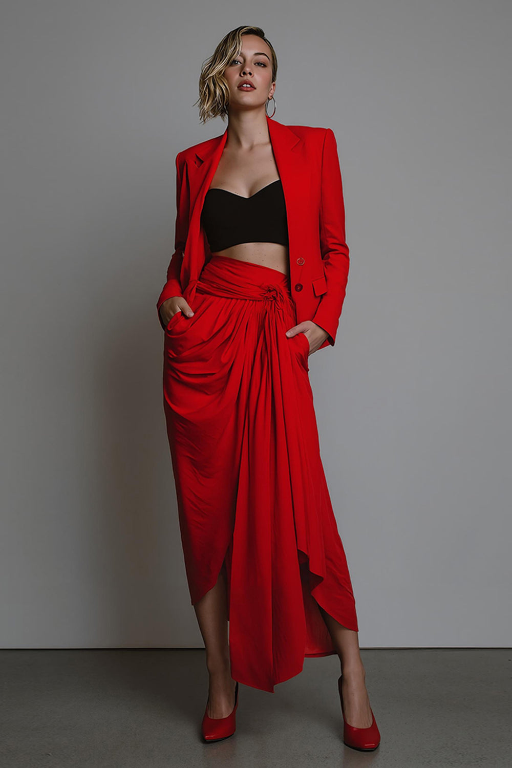 Red 2 Piece Long Sleeves Ruched Women Prom Suits with Sash