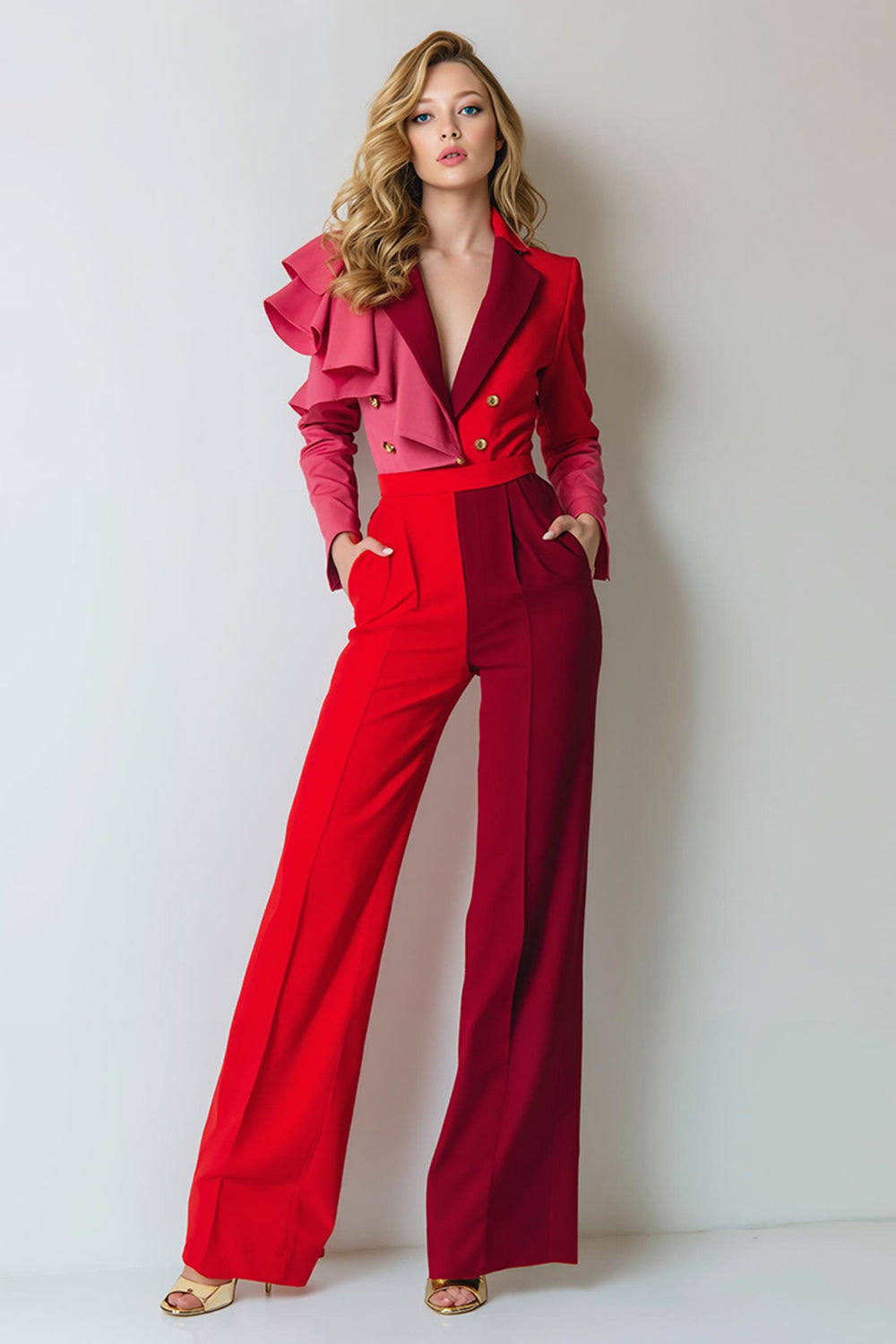Red Satin Ruffled Notched Lapel Patchwork Prom Jumpsuit with Sleeves