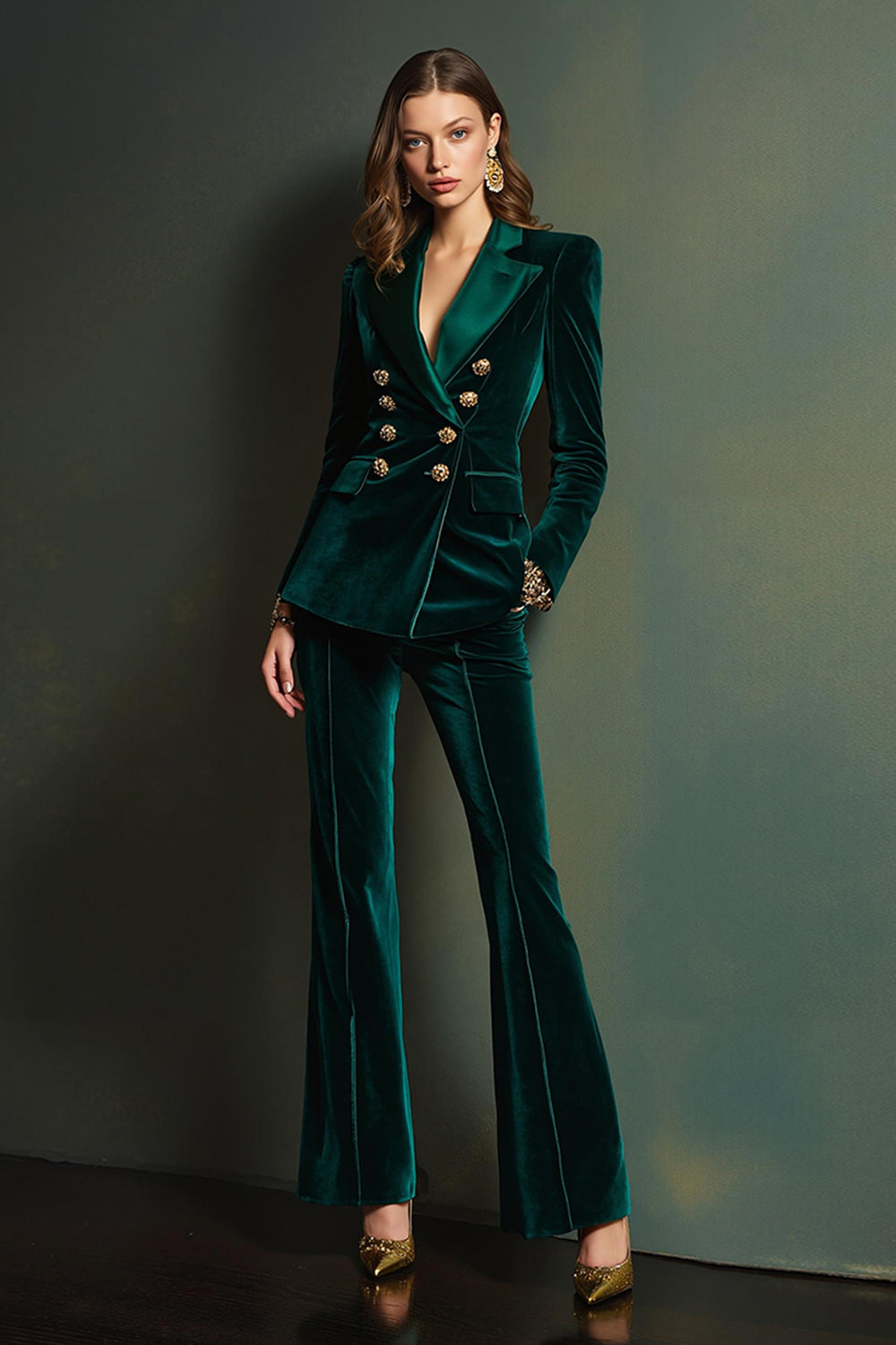 Dark Green Velvet Double Breasted 2 Piece Women Prom Suits with Sleeves
