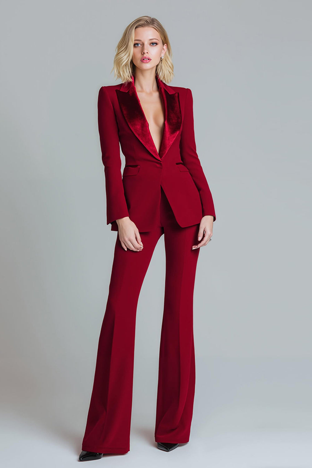 Zapakasa Women Red 2 Piece Peak Lapel Prom Suits with Sleeves One Button Party Tuxedo