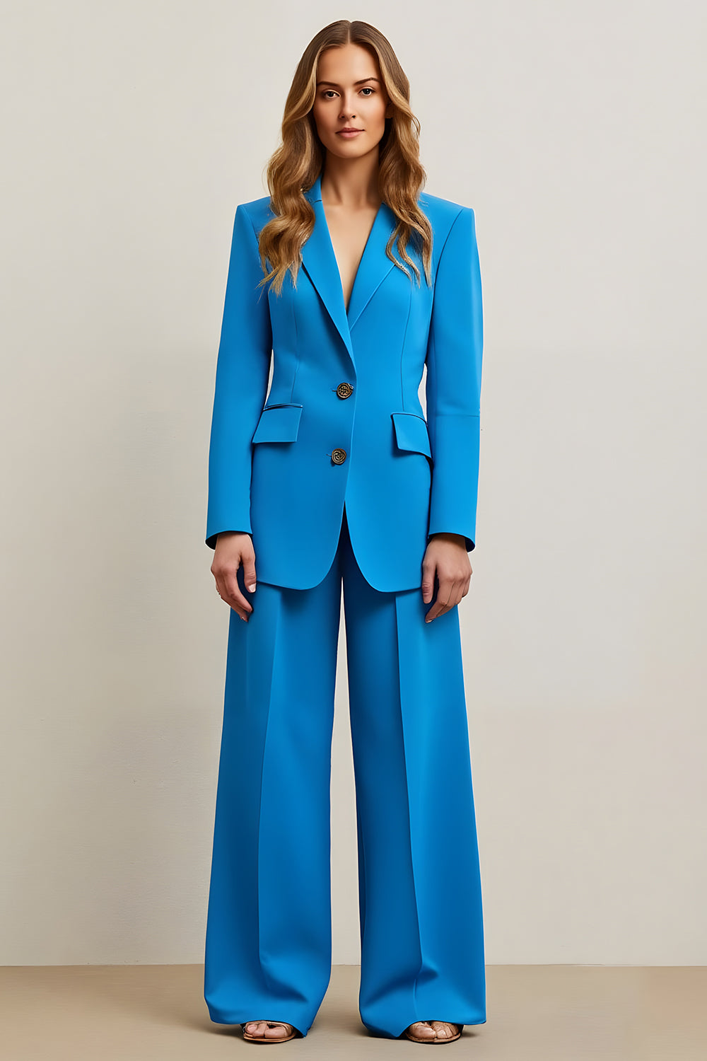 Blue Single Breasted Satin 2 Piece Women Prom Suits