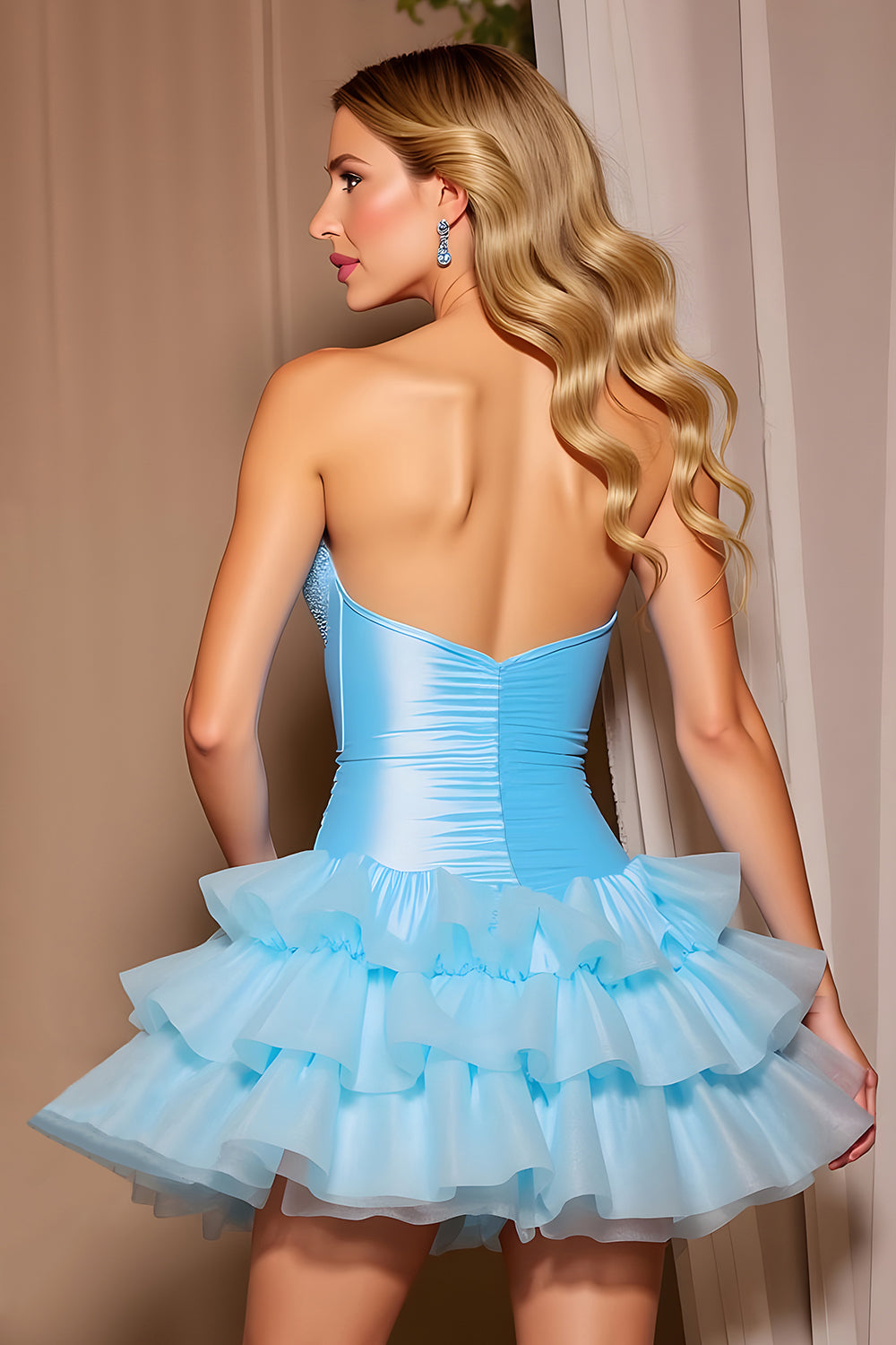 Sparkly Blue Corset Tiered Short Homecoming Dress with Beading