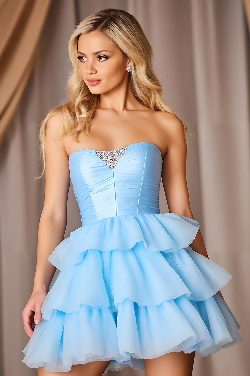 Sparkly Blue Strapless Tiered Short Homecoming Dress with Bow