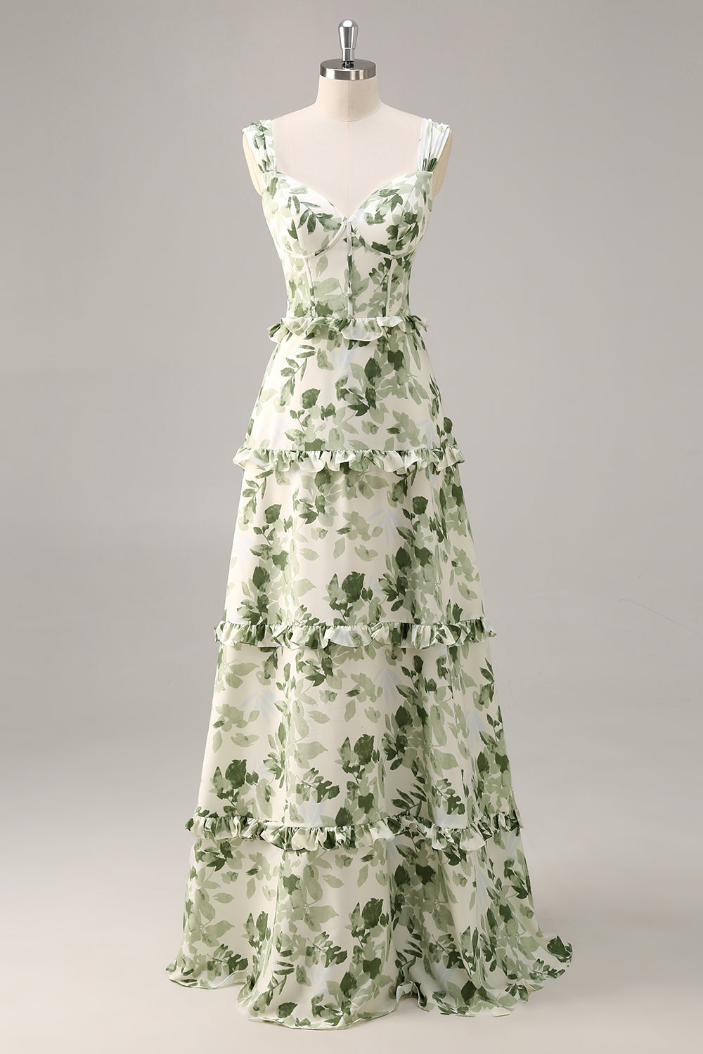 Green Floral A Line Corset Long Wedding Guest Dress with Ruffles