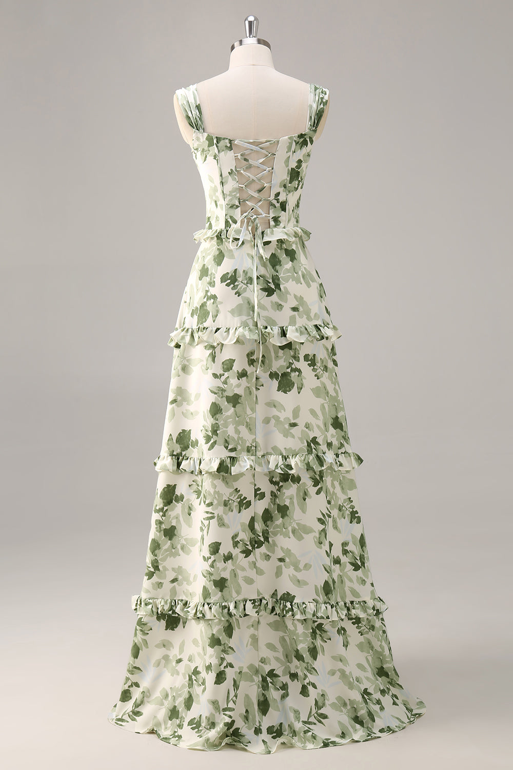 Green Floral A Line Corset Long Wedding Guest Dress with Ruffles