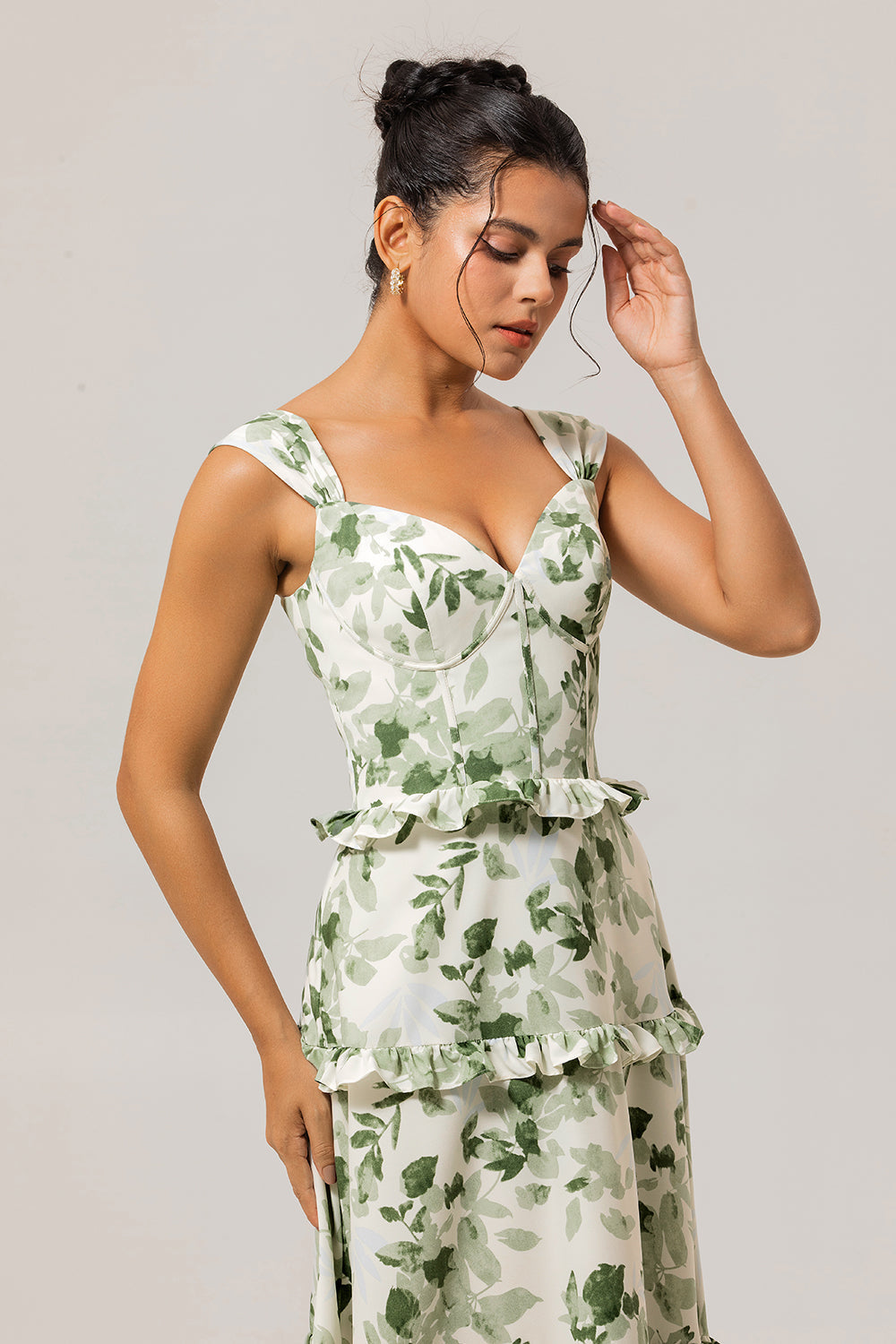 Green Floral A Line Corset Long Wedding Guest Dress with Ruffles