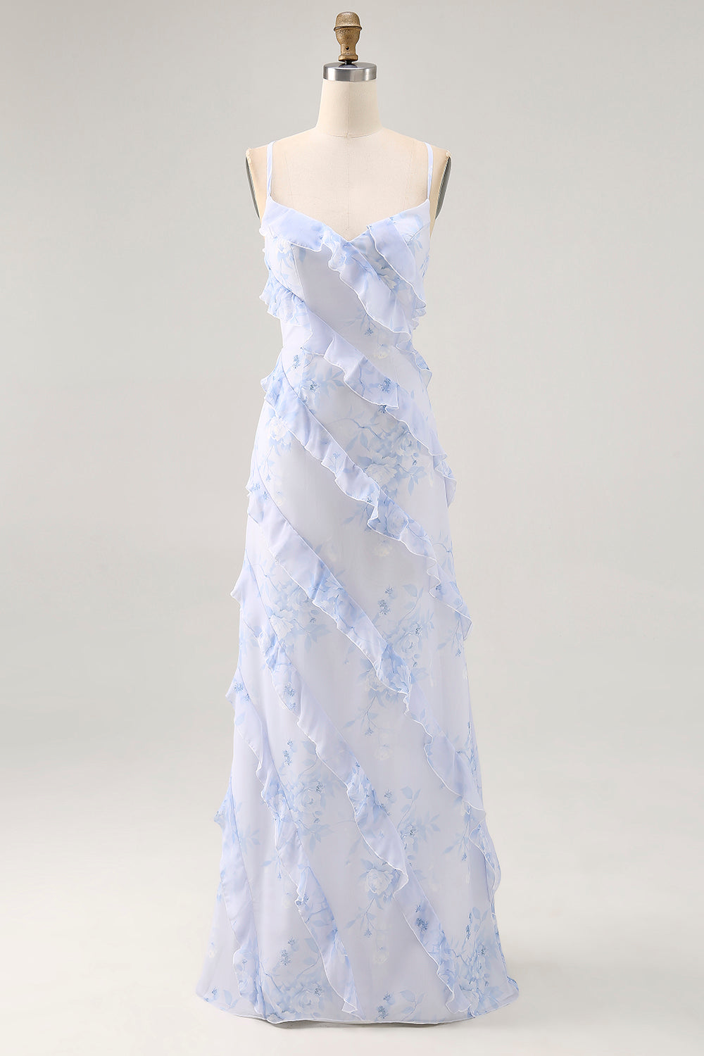 Blue Floral Spaghetti Straps Chiffon Long Wedding Guest Dress with Ruffles