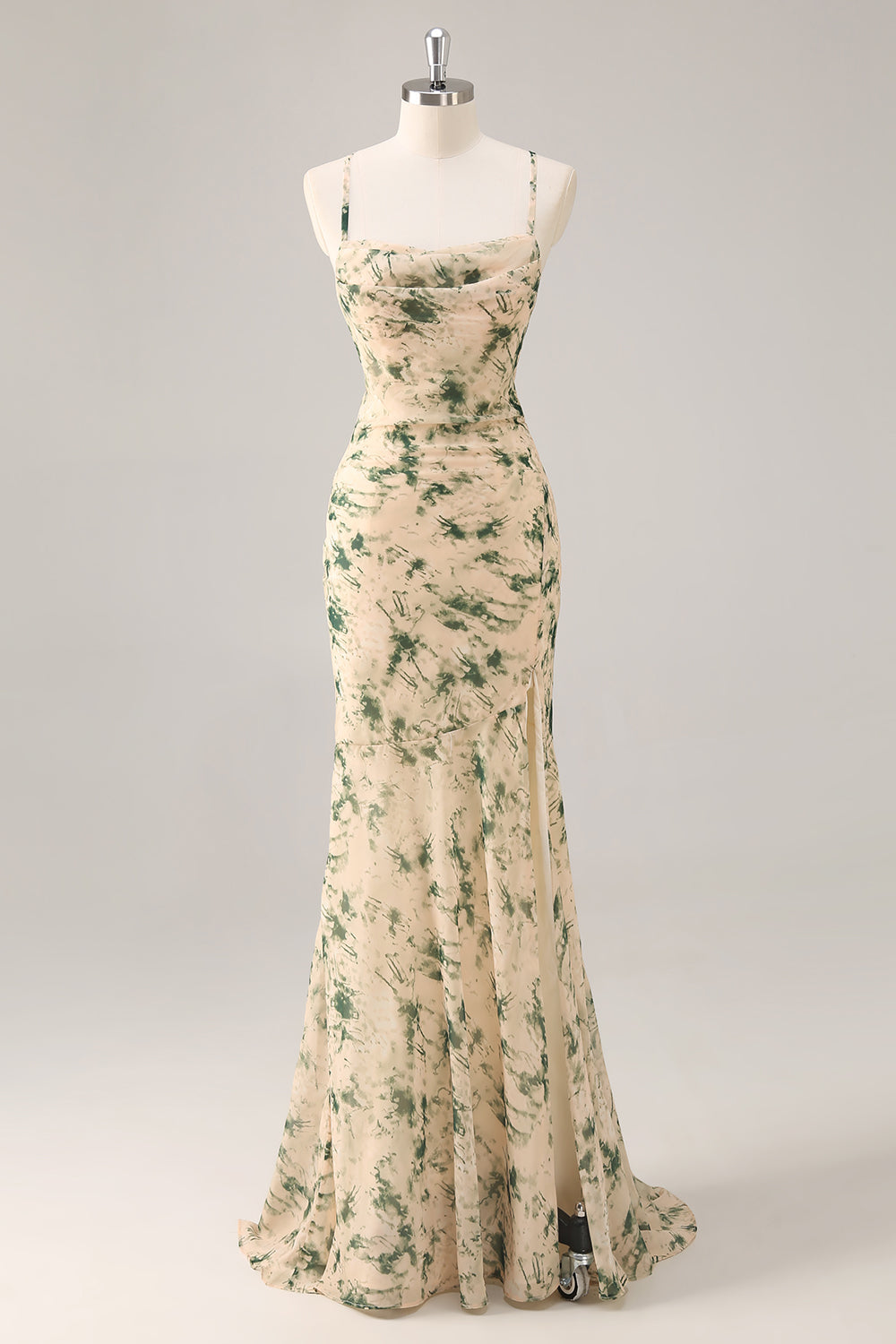Champagne Floral Mermaid Long Ruched Wedding Guest Dress with Slit