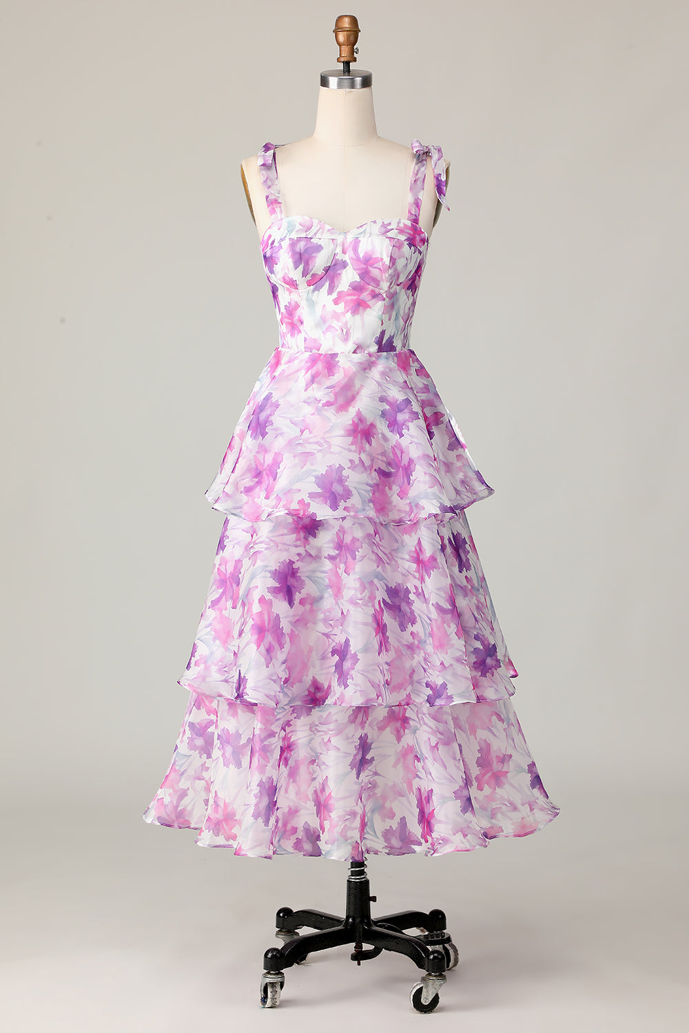 Purple Flower Ruffled A Line Midi Wedding Guest Dress
