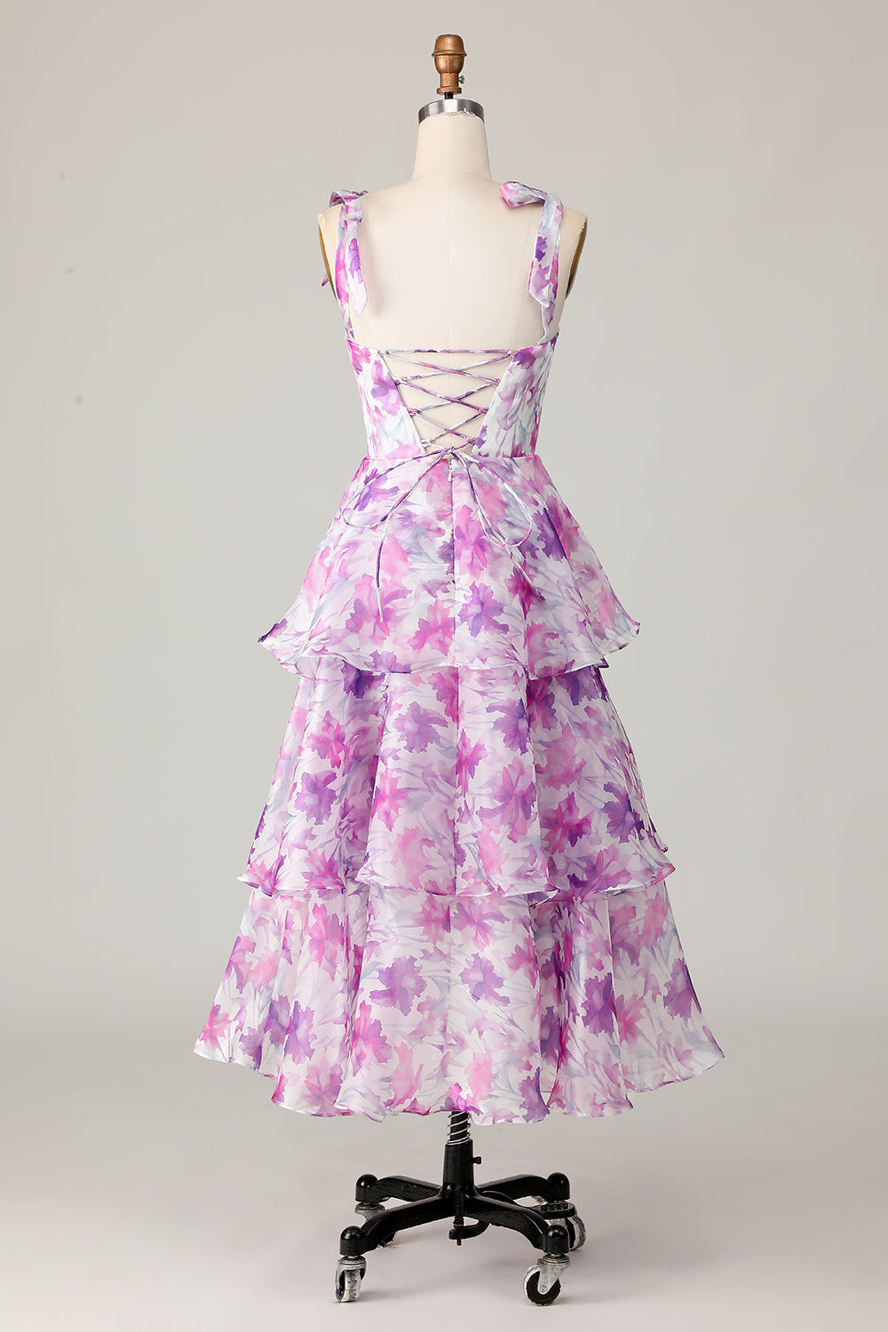Purple Flower Ruffled A Line Midi Wedding Guest Dress