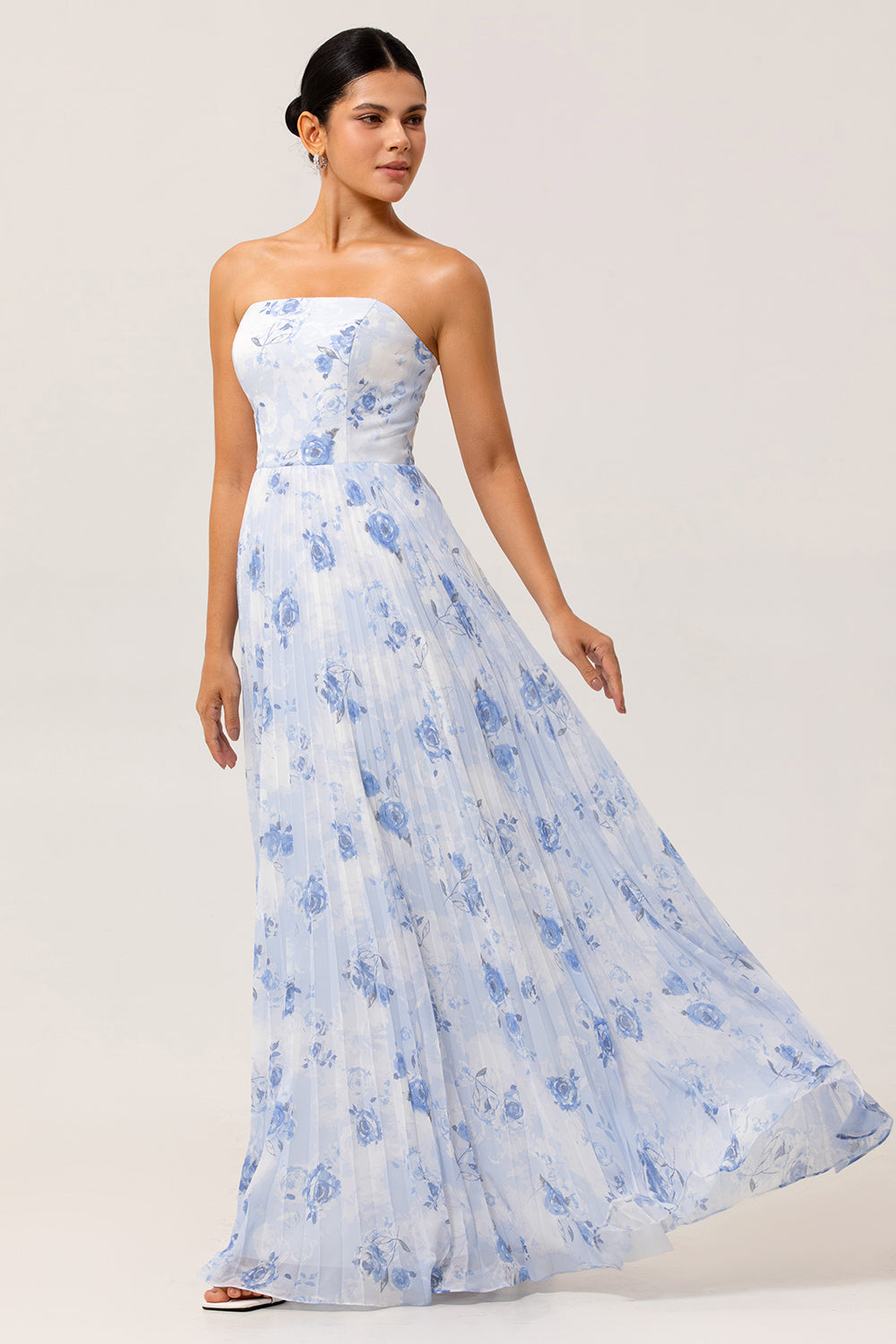 Blue Strapless Floral Chiffon Long Wedding Guest Dress with Pleats