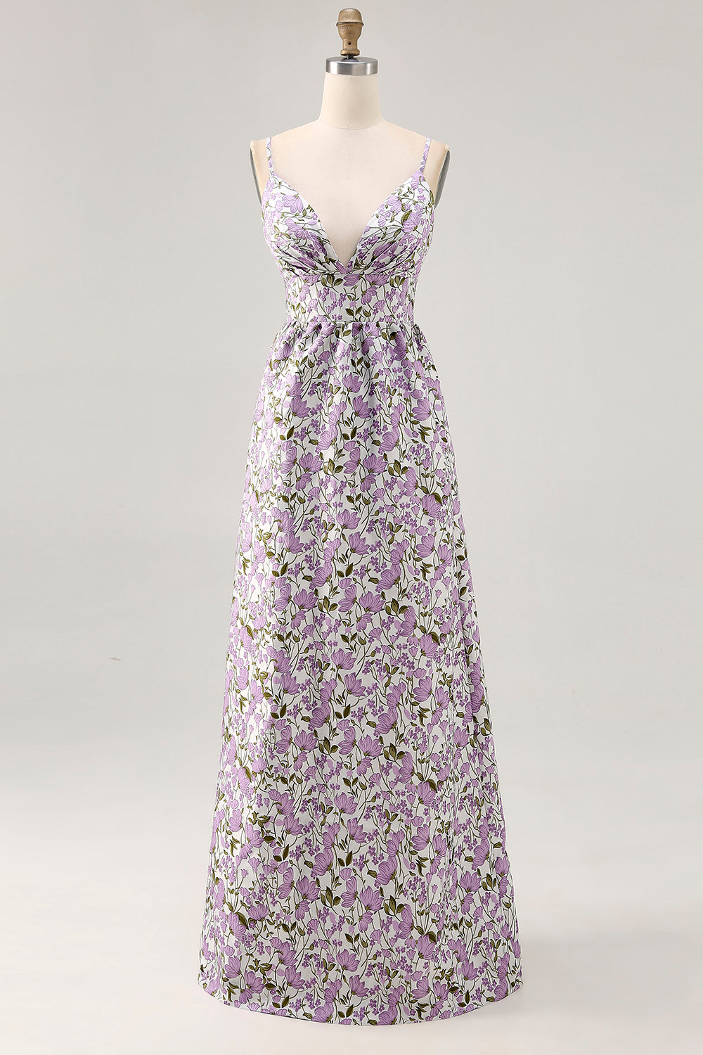 Purple Ruched Spaghetti Straps Floral Long Wedding Guest Dress