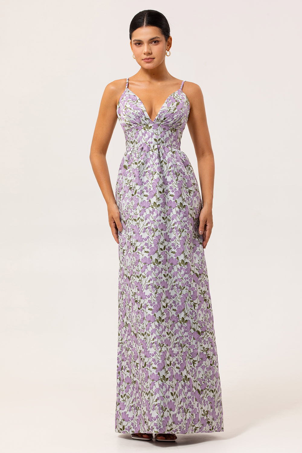 Purple Ruched Spaghetti Straps Floral Long Wedding Guest Dress