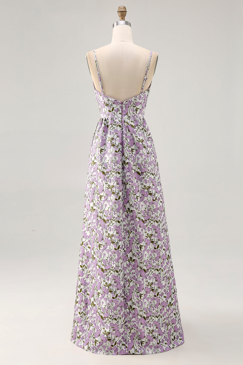 Purple Ruched Spaghetti Straps Floral Long Wedding Guest Dress