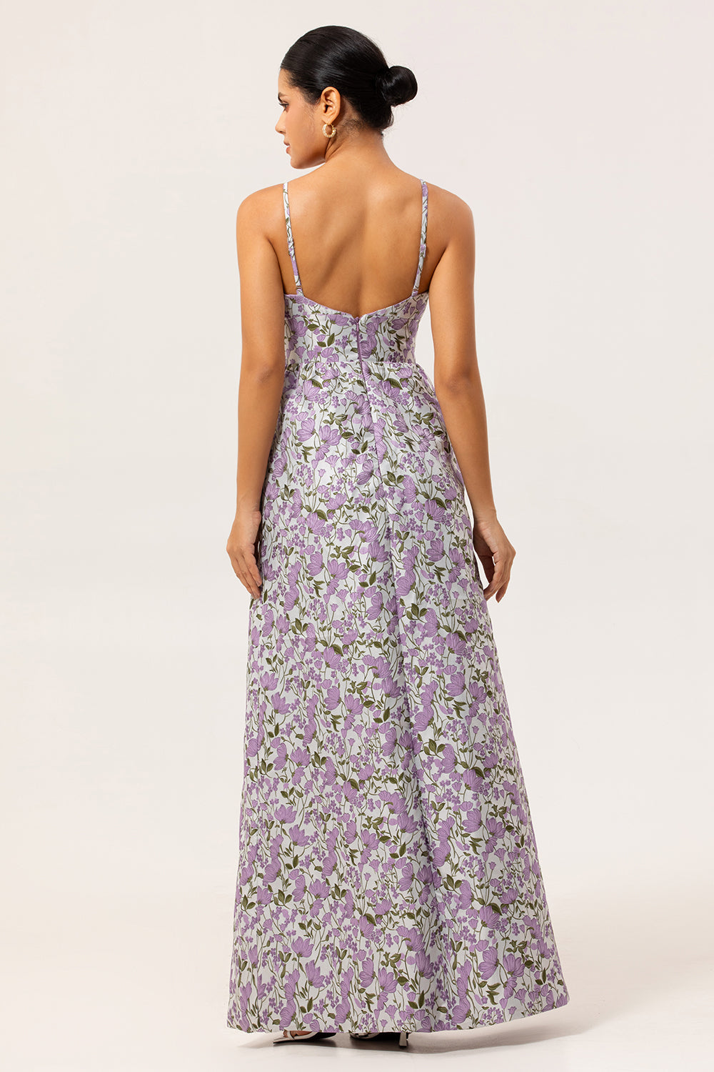 Purple Ruched Spaghetti Straps Floral Long Wedding Guest Dress