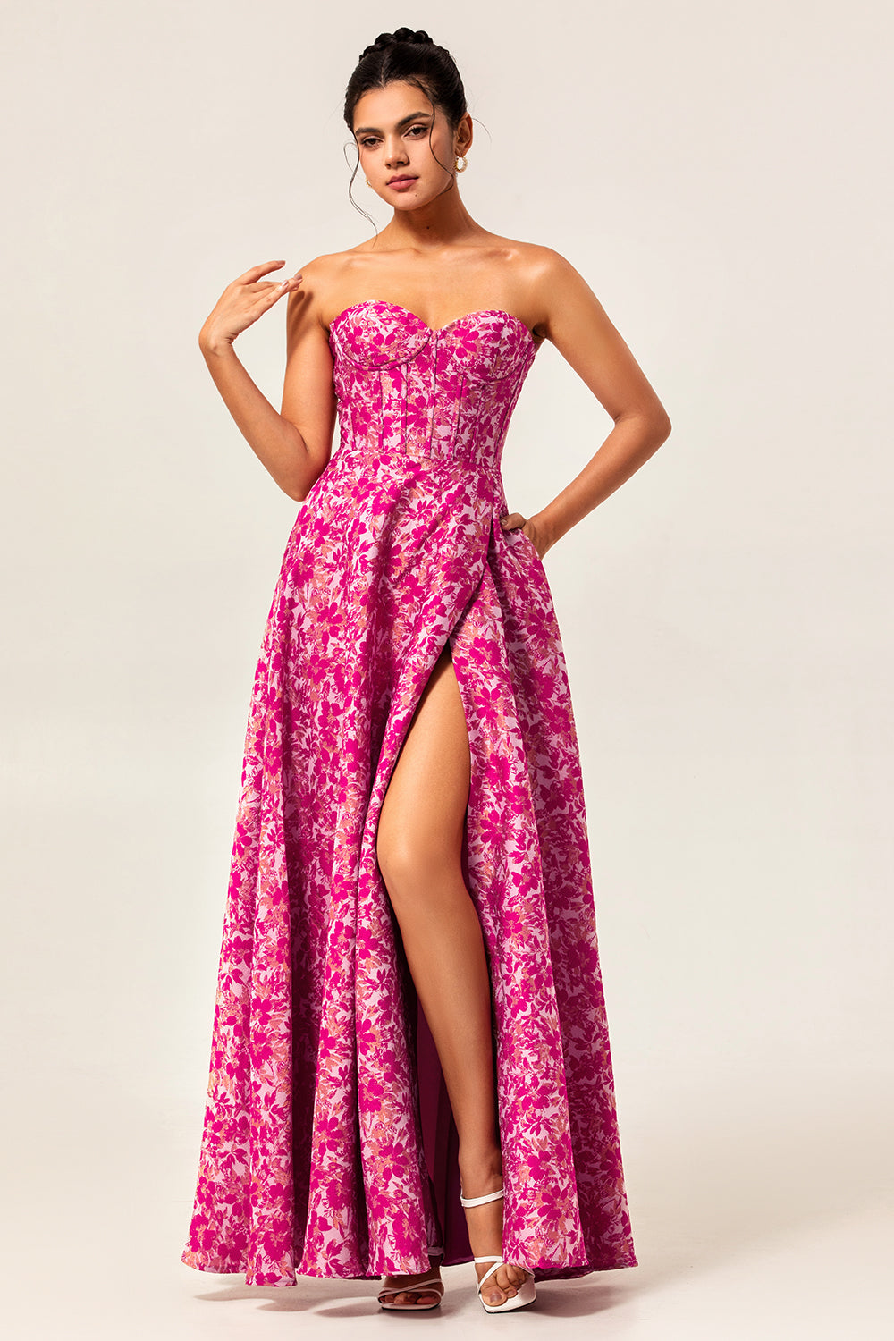 Fuchsia Floral A Line Corset Long Wedding Guest Dress with Slit
