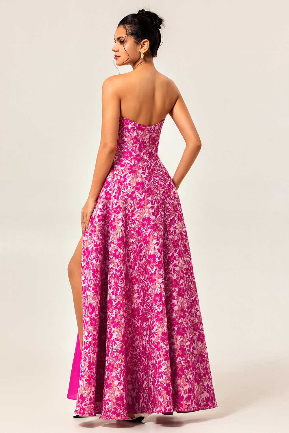 Fuchsia Floral A Line Corset Long Wedding Guest Dress with Slit