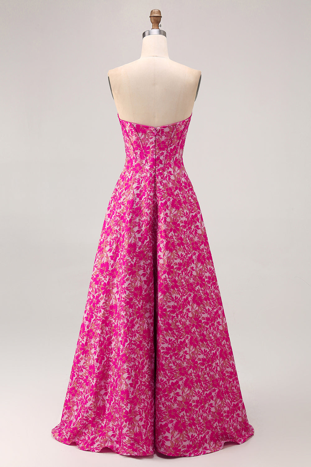 Fuchsia Floral A Line Corset Long Wedding Guest Dress with Slit