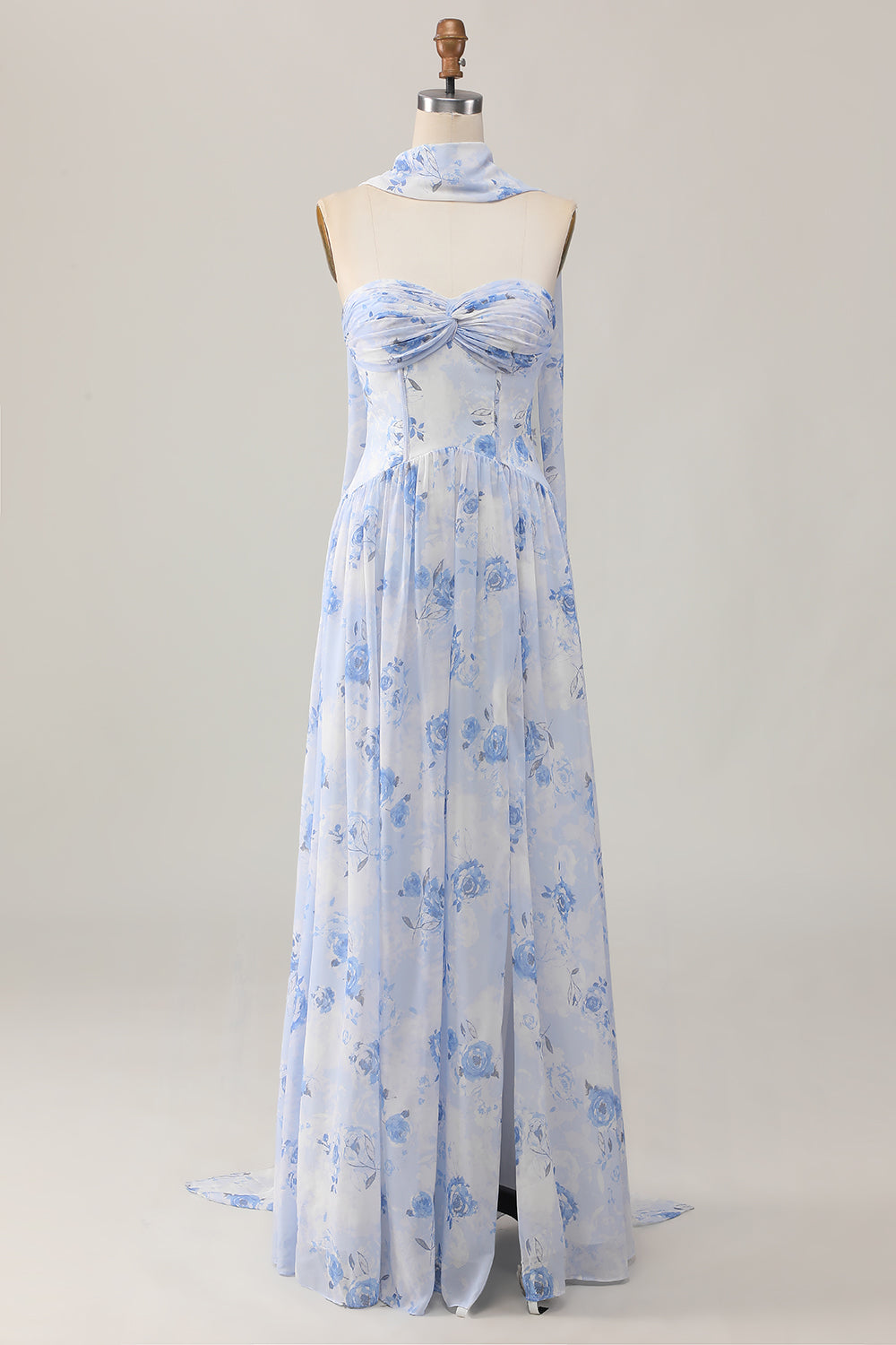 Zapaka Blue Floral Corset Neck Scarf Long Wedding Guest Dress Chiffon A Line Sweetheart Ruched Bridesmaid Dress with Slit
