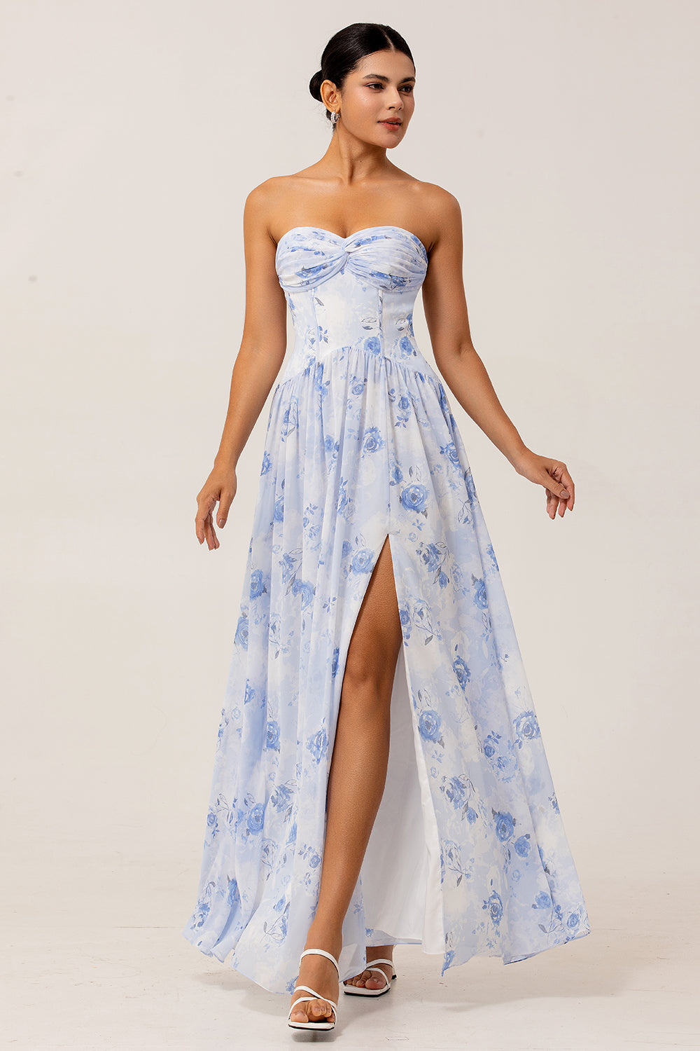 Dusty Rose Floral Corset Neck Scarf Long Wedding Guest Dress with Slit