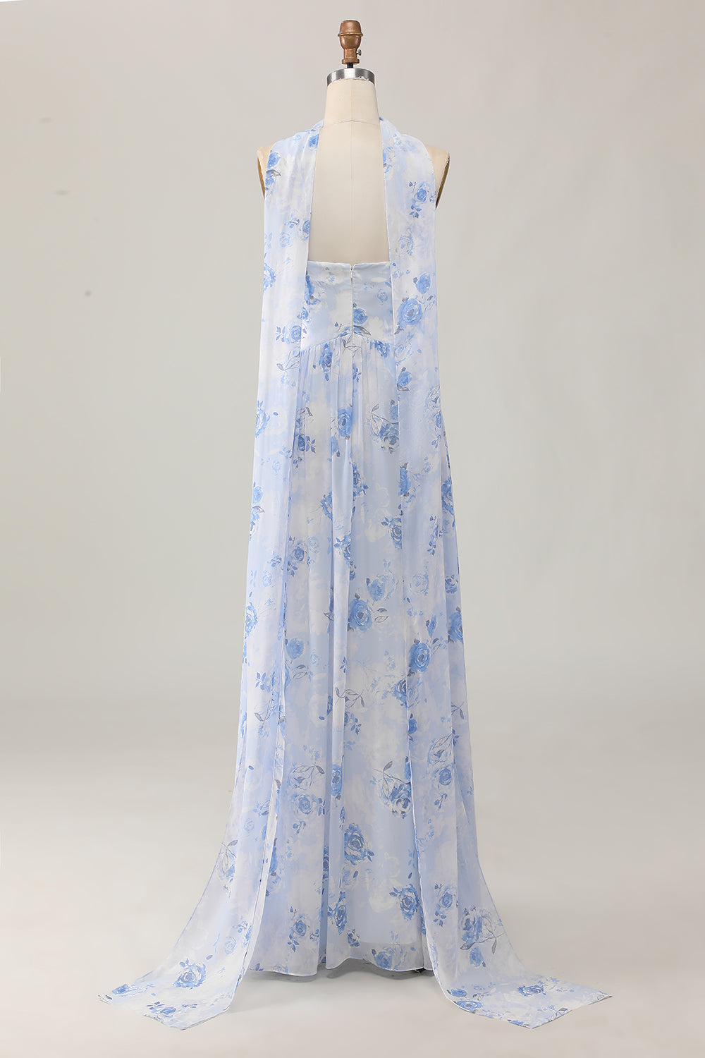 Dusty Rose Floral Corset Neck Scarf Long Wedding Guest Dress with Slit