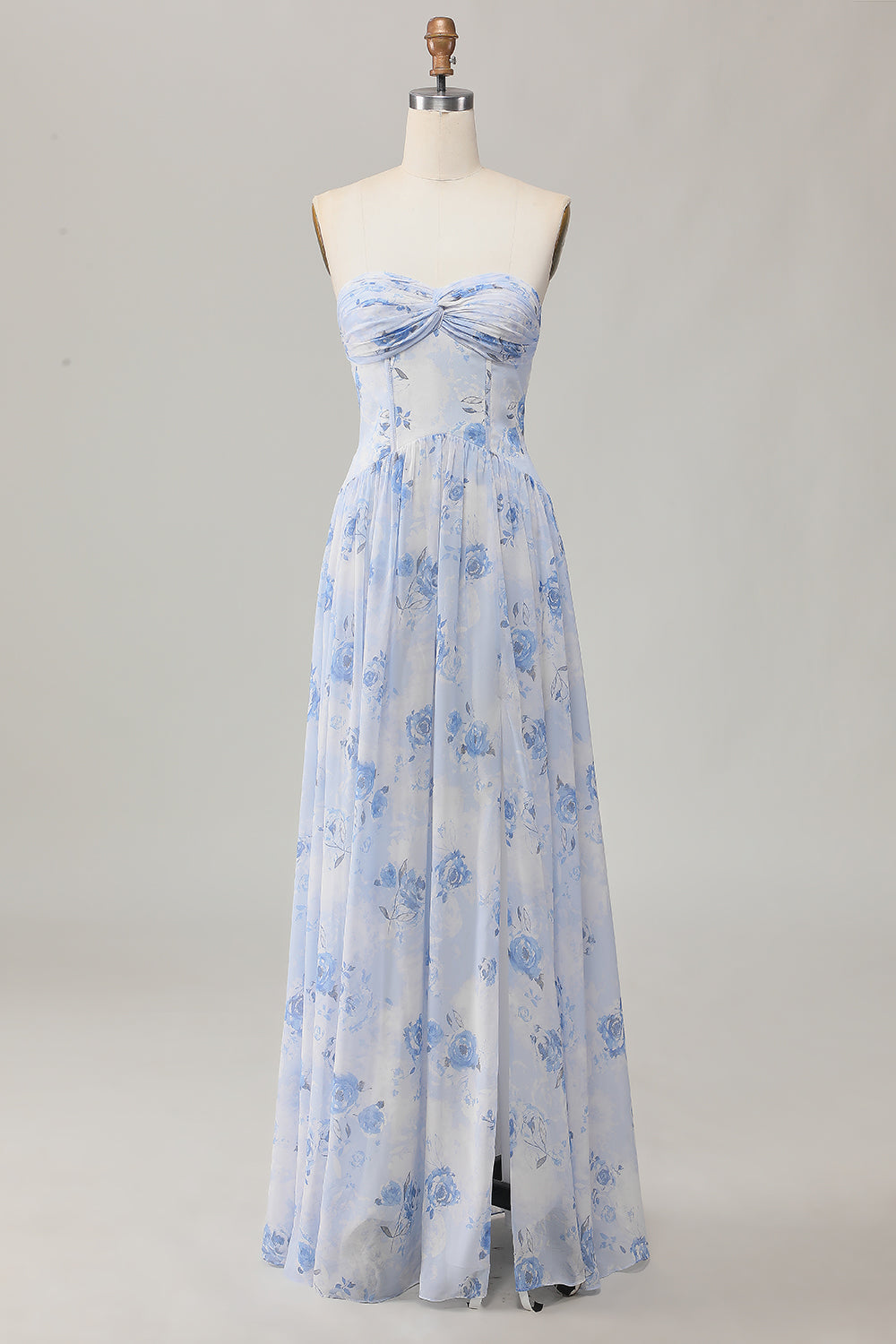 Dusty Rose Floral Corset Neck Scarf Long Wedding Guest Dress with Slit
