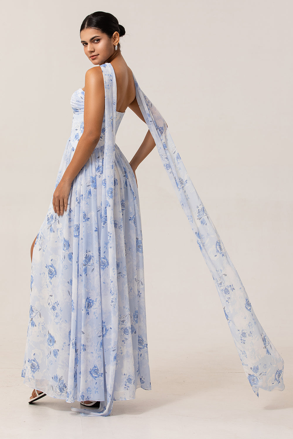 Dusty Rose Floral Corset Neck Scarf Long Wedding Guest Dress with Slit